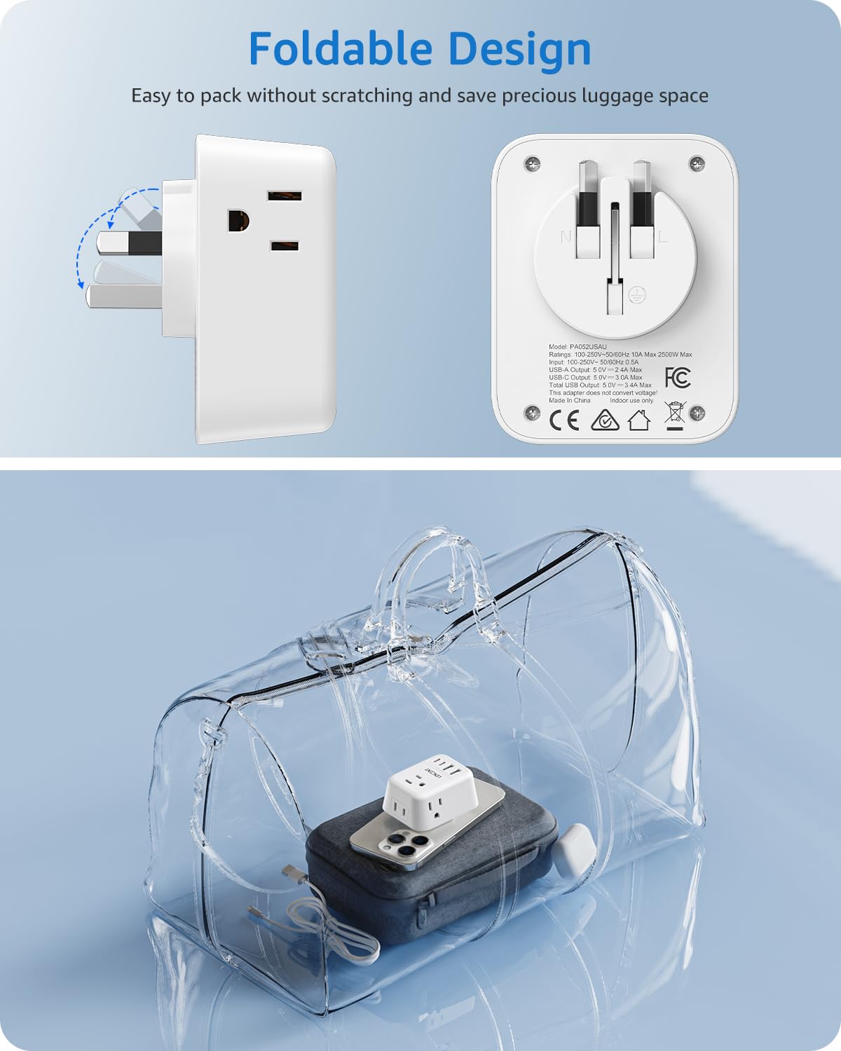 Lencent Foldable Australia Travel Plug Adapter, Us To New Zealand China Power Adaptor With 4 Outlets, 4 Usb Charger(2 Usb C Port