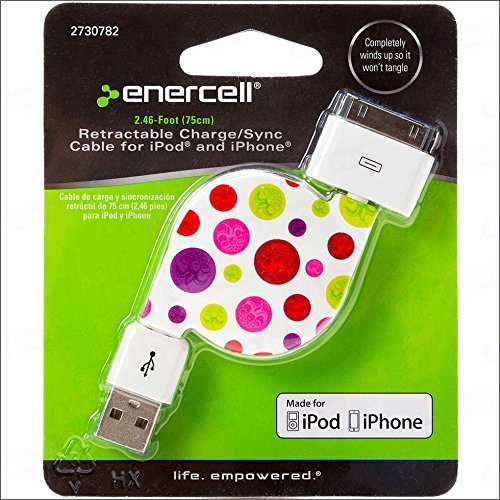 Enercell Dot USB Retractable Sync/Charge 2.46 Feet Data Cable USB Charger for 30-Pin iPad 2 3 iPhone 3G 3GS 4 4S iPod Touch Classic Video Nano