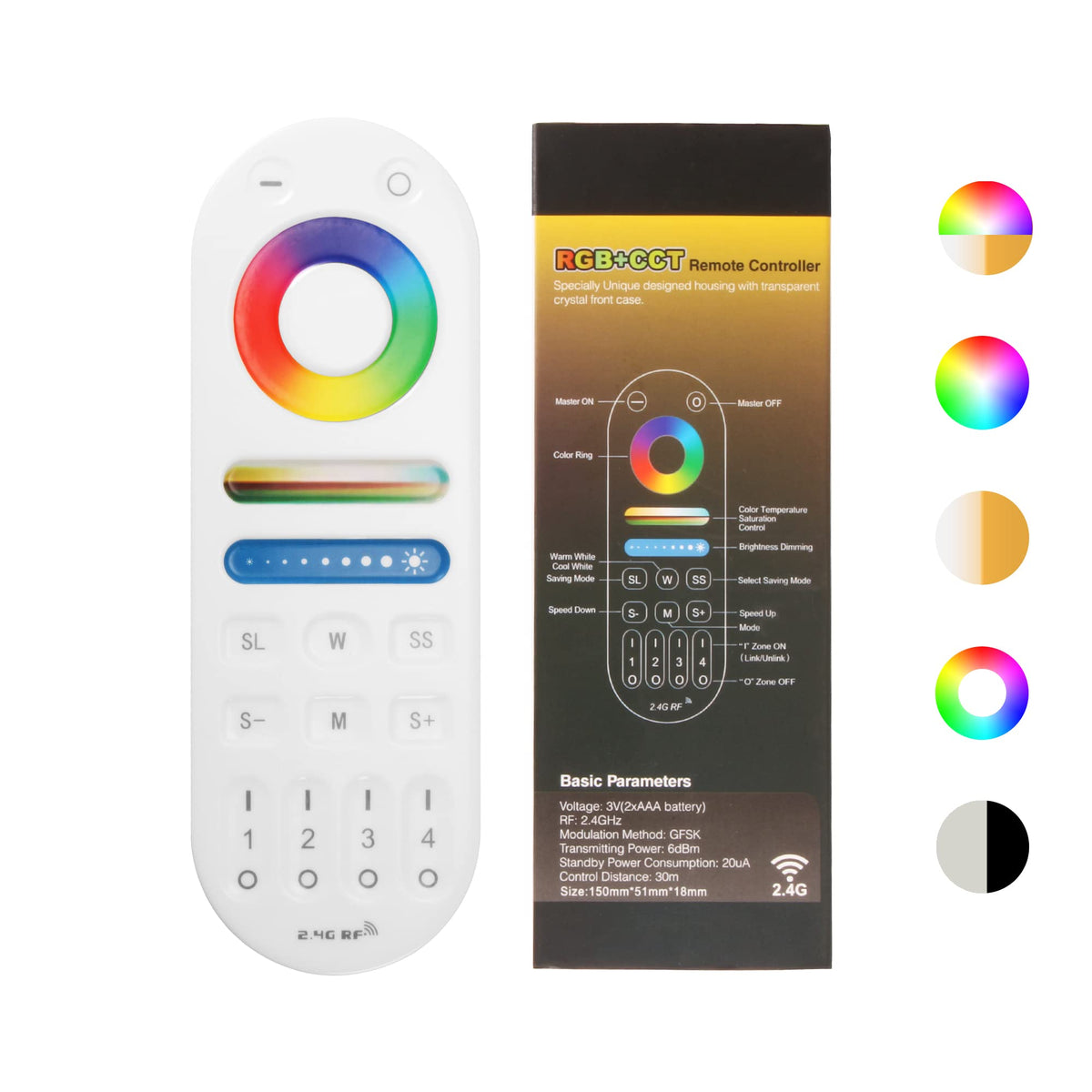 Husuku R1 2.4G Rf Remote Control 5-In-1 Fit For S1 Led Controller, Rgbw/Rgb/Cct/Dimming 4 Channel, 4-Zone Group Control, 360 99F