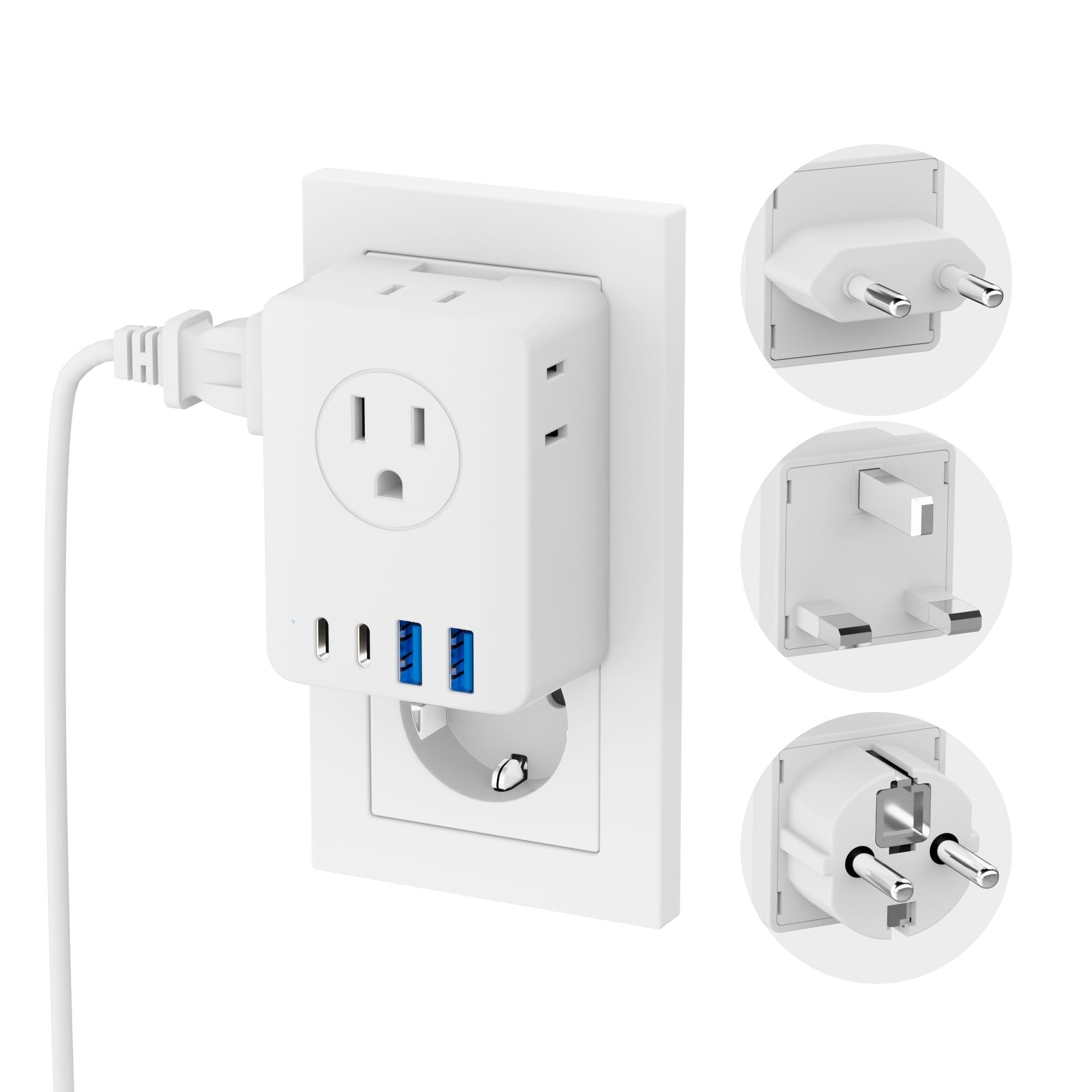 Kakyanill European Travel Plug Adapter, Detachable Adapter Type C/G/E/F Plug, 4 Ac Outlets, 4 Usb Ports (2 Usb C), Eu Uk Germay