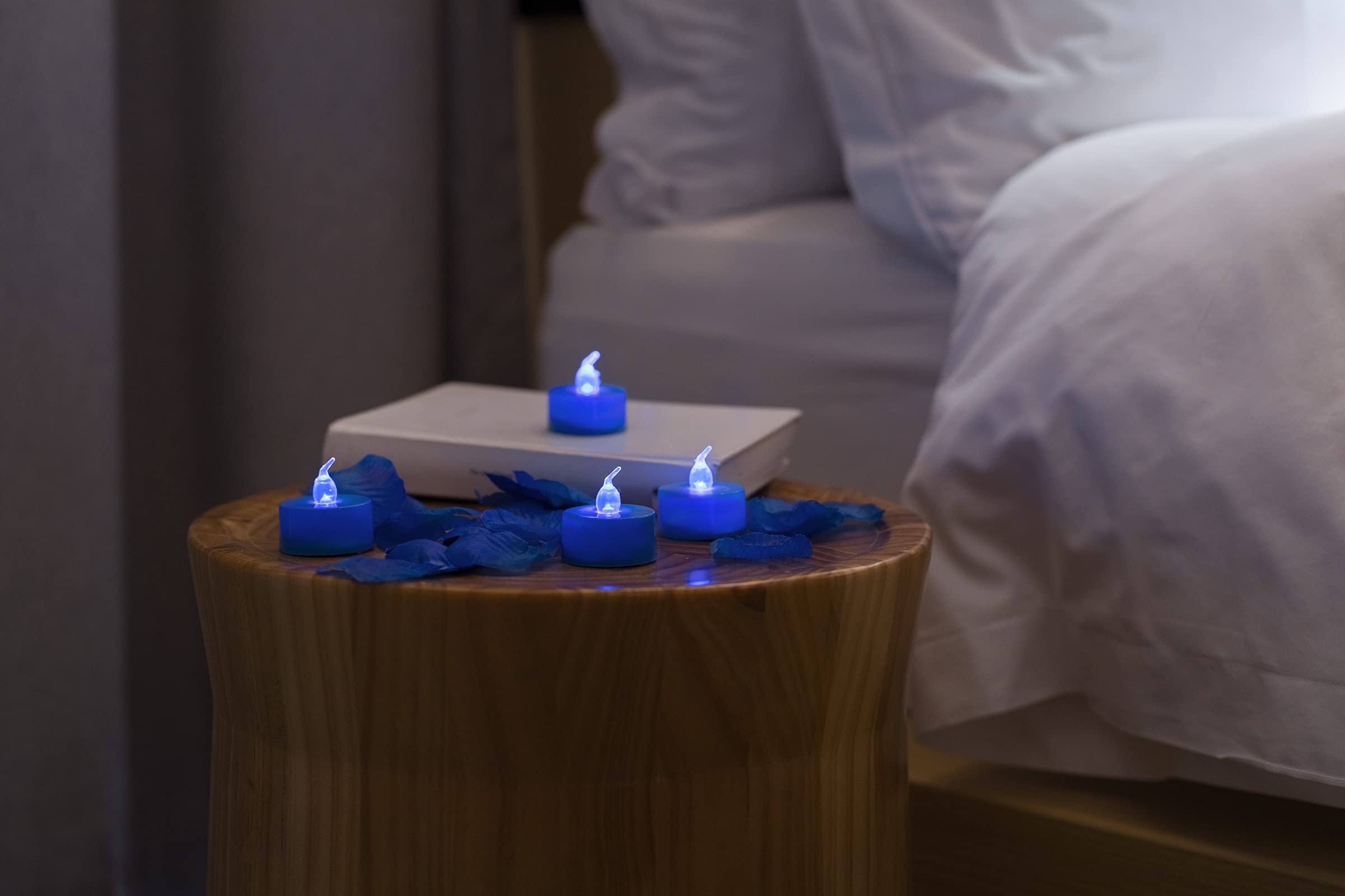 Lanker 500 Pcs Blue Artificial Rose Petals With 24 Pcs Flickering Blue Flameless Tea Lights Candles For Valentine'S Day And Roma