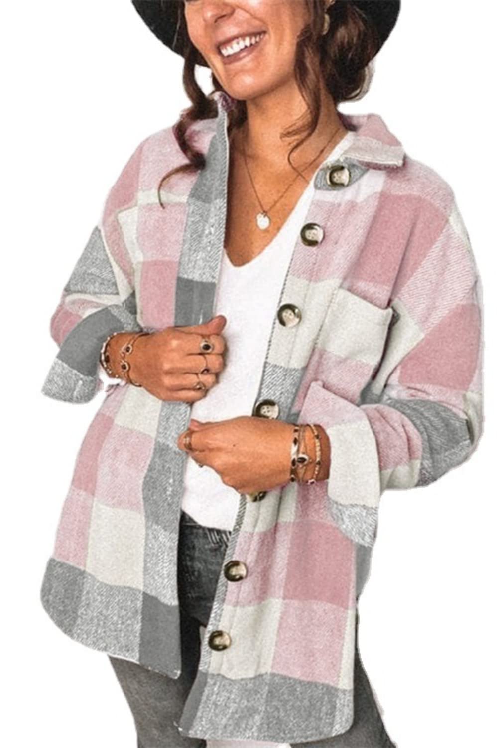 Blansdi Womenas Casual Plaid Flannel Shacket Jacket Oversized Button Down Long Sleeve Fall Shirt Jacket Coat Tops Z Pink