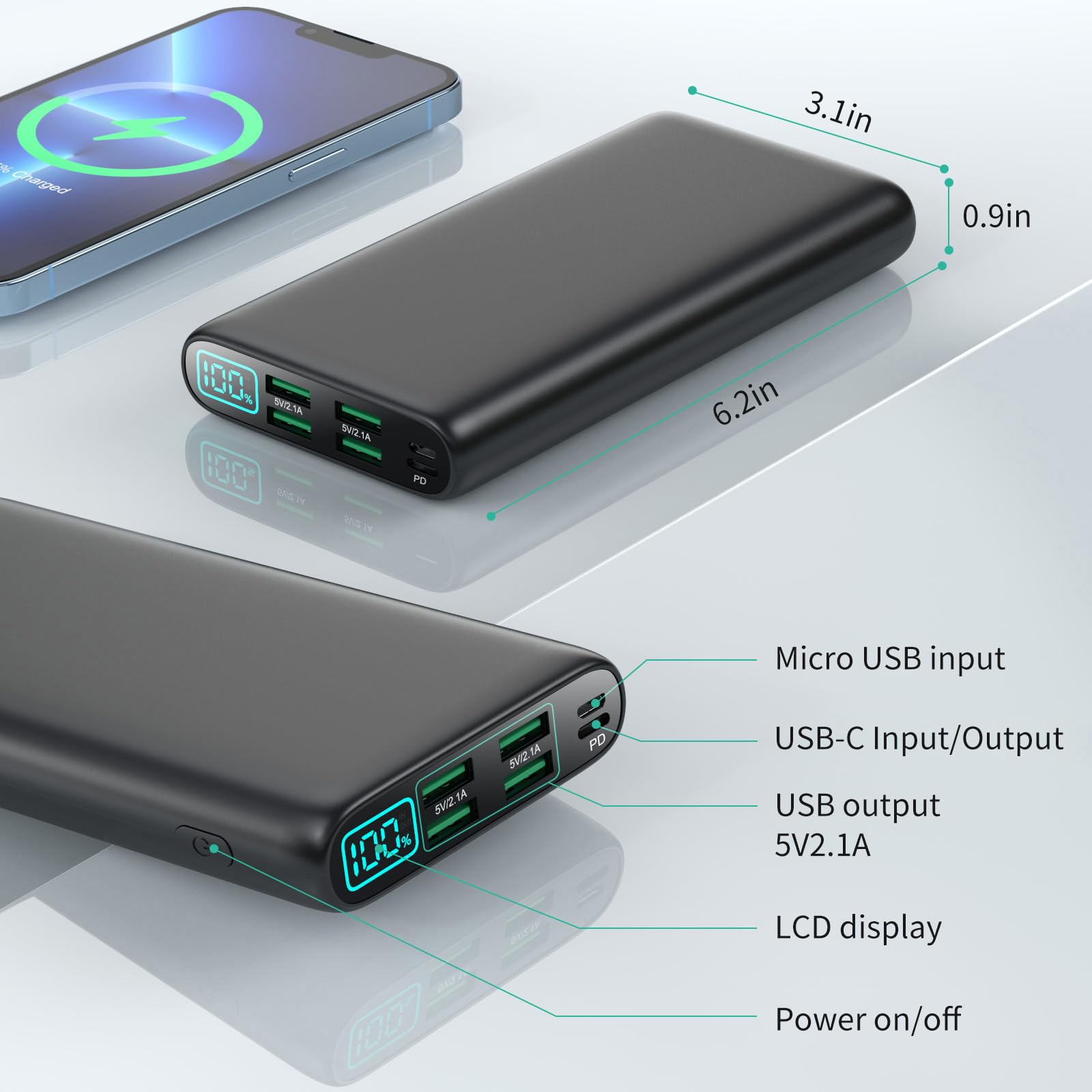 Portable Charger 38800Mah,Lcd Display Power Bank,5 Usb Outputs Battery Pack Backup, Usb-C In&Out Dual Input Phone Charging Compa
