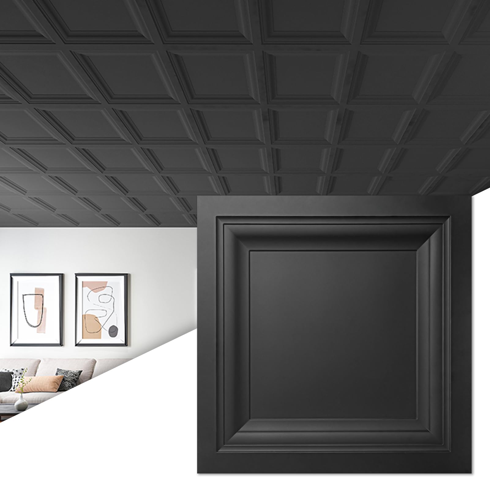 Art3D 12 Pack Square Black Drop Ceiling Tile 2Ft X 2Ft, Pvc Ceiling Panel 24 X 24In.