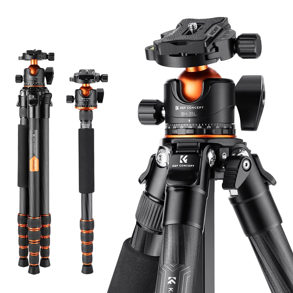 K&F Concept 62 Inch Carbon Fiber Camera Tripod,Portable Compact Tripods With Detachable Monopod,360� Metal Ball Head 15Kg/33Lbs Load Capacity With Quick Release Plate For Travel And Work A255C2+Bh 35L