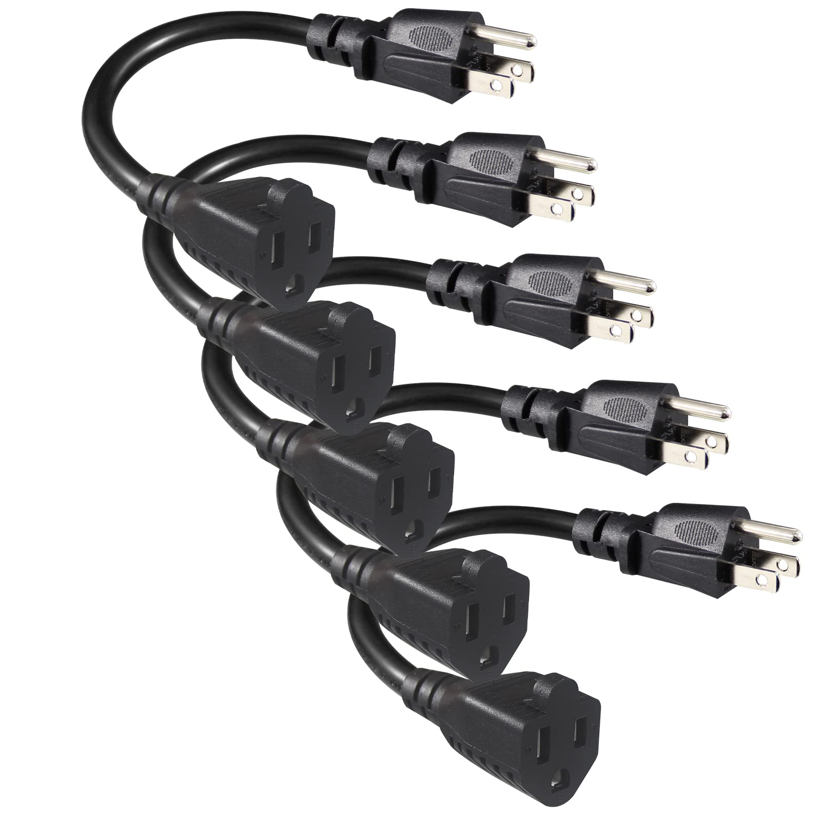 [5 Pack] Black Short Power Extension Cord   6Inch 3 Prong Mini Indoor Grounded Extension Cord,16Awg Small Electrical Ac Extensio