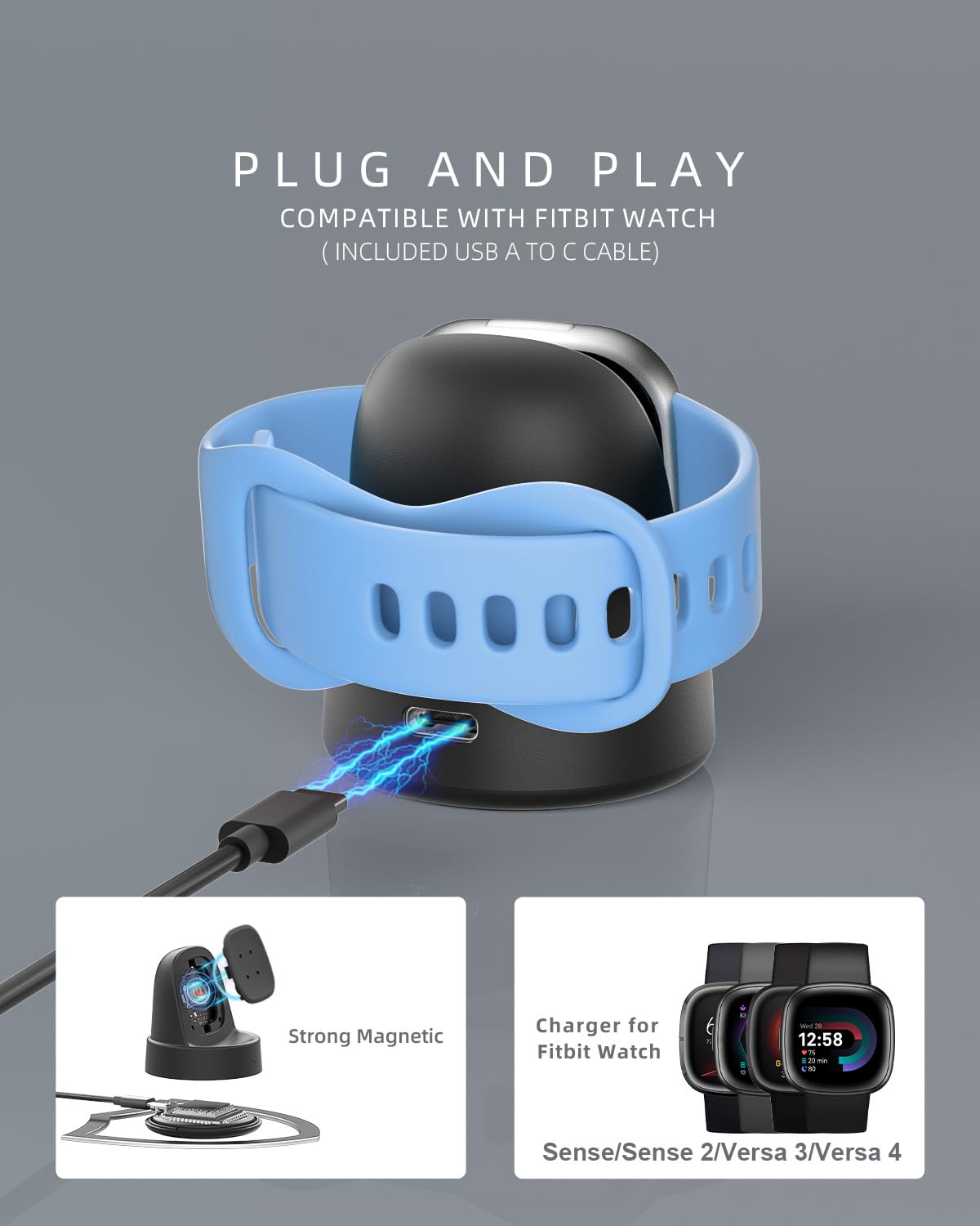 Vipcase Charger Dock For Fitbit Sense/Sense 2/Versa 3/Versa 4, Charger Replacement Upgraded Magnetic Watch Charger Stand With Ch