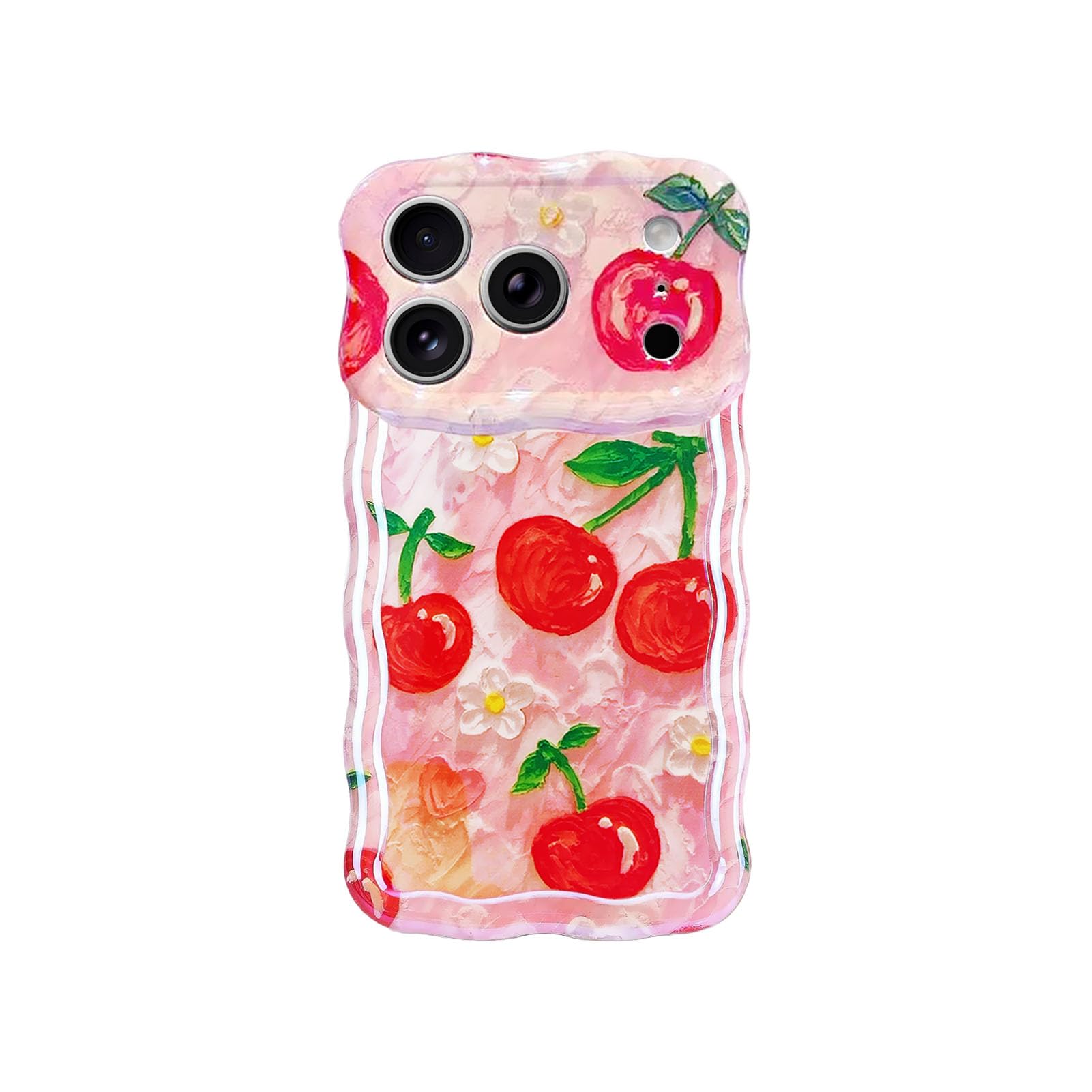 Tewwsdi Red Cherry Phone Case for iPhone 17 pro 6.3in,Retro Stylish Glossy Oil Painting Flower Laser Glossy,Aesthetic Fruit Dura