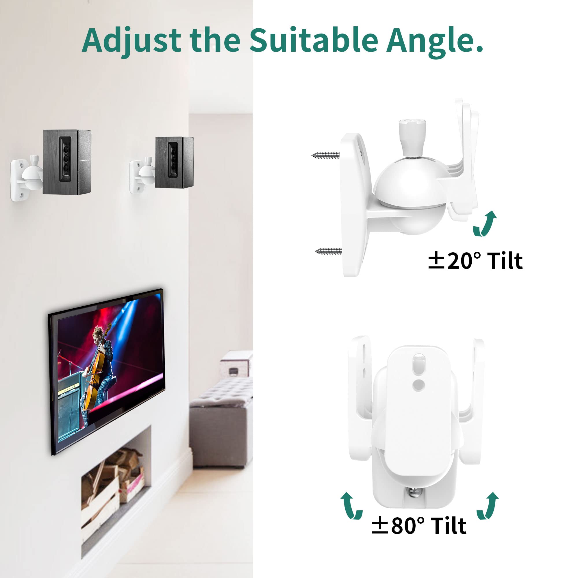 Homemount Speaker Wall Mount Brackets - Surround & Bookshelf Speaker Wall Mounts Kit, Holds Up To 8 Lbs, 2 Pack, White