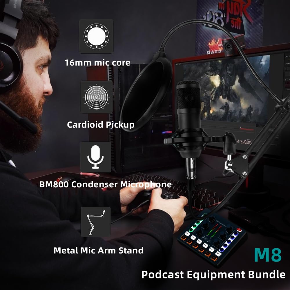 Sktome Podcast Equipment Bundle, Bm 800 Recording Studio Package With Voice Changer, Live Sound Card   Audio Interface For Lapto