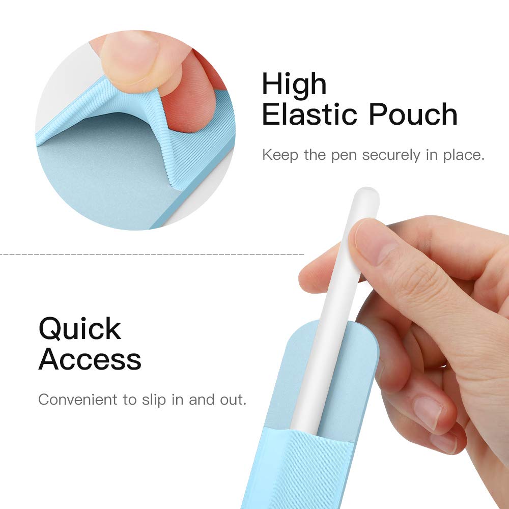 MoKo Pencil Holder Sticker Fit Apple Pencil Pro, Apple Pencil (USB C), Apple Pencil 1st/2nd Generation, Elastic Pencil Pocket Pouch Adhesive Sleeve Attached to iPad Case for Stylus Pens,Sky Blue