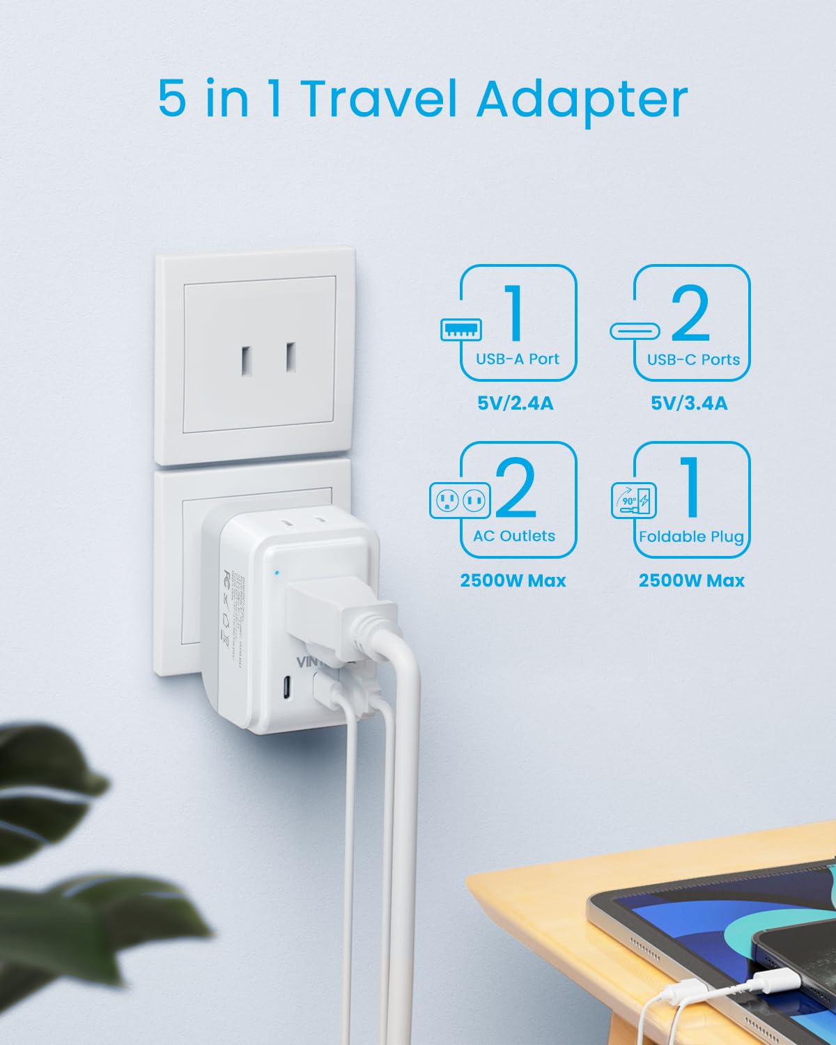 2 Pack Us To Japan Plug Adapter, Vintar Foldable Japan Travel Adapter With 2 Outlets And 3 Usb Ports(2 Usb C), 2 Prong To 3 Pron