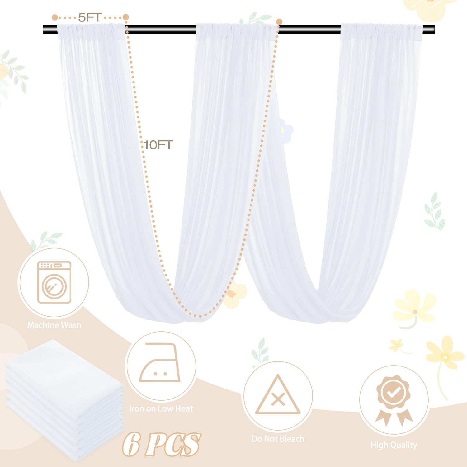 Fuhsy Ceiling Drapes For Parties White Wedding Arch Drapes 6 Panels 5Ftx10Ft Chiffon Fabric Wedding Drapery Tulle Sheer Curtains