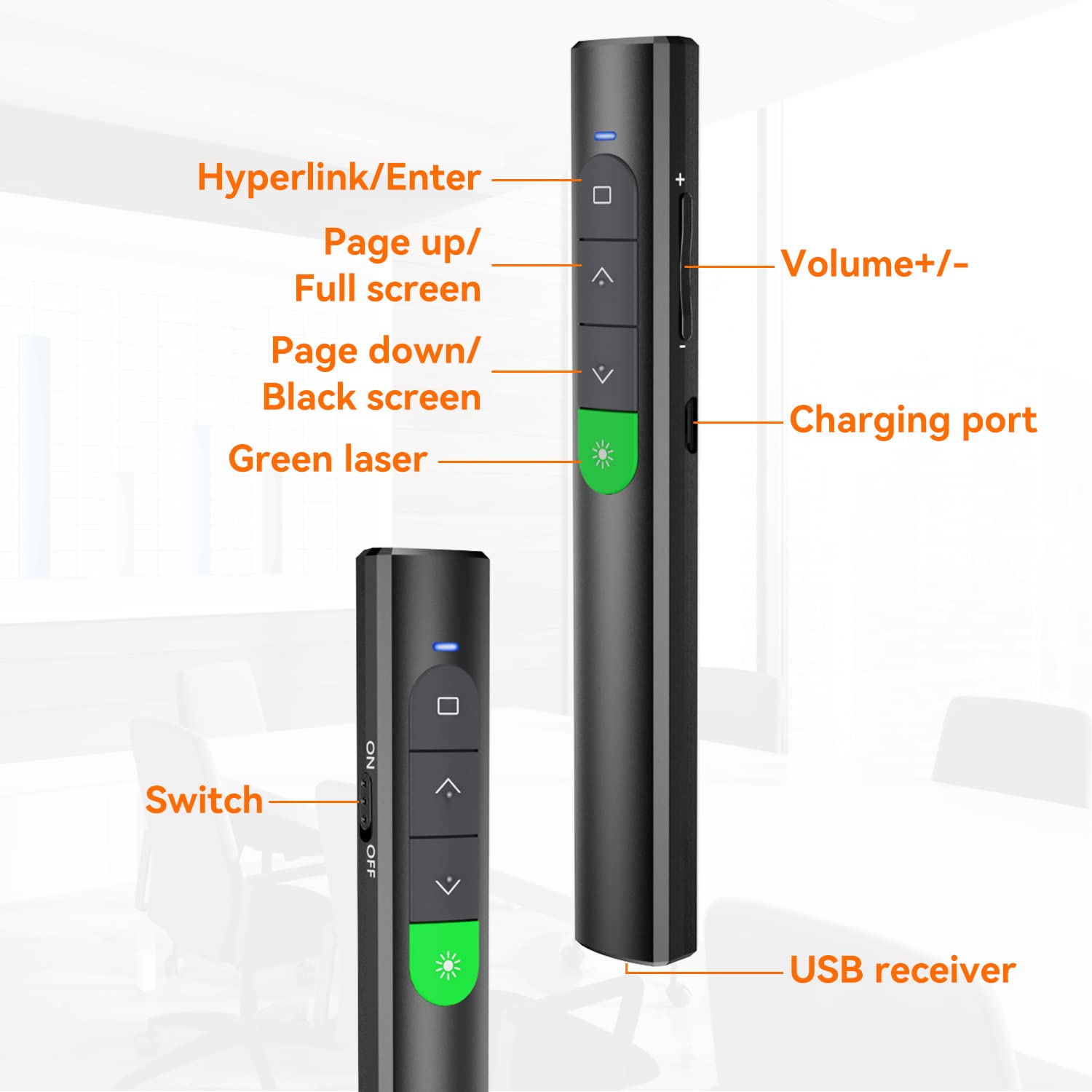 Wireless Presentation Clicker Powerpoint Presenter Remote: Rechargeable Green Laser Pointer Clickers For Computer/Mac/Ppt/Slides