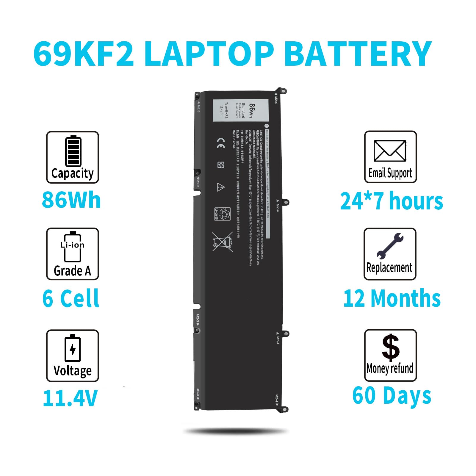 86Wh 69Kf2 11.4V Battery For Dell Alienware M15 M17 R3 R4 Xps 15 9500 9510 9520 G7 15 7500 G5 15 5510 5511 5515 5520 5521 Precis