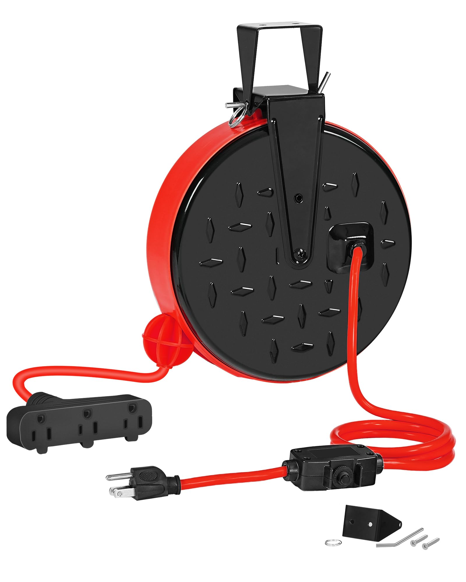 Wilawels 30 Ft Retractable Extension Cord Reel, 16/3 Gauge Sjtw Power Cord With 3 Electrical Outlets Pigtail For Garage And Shop