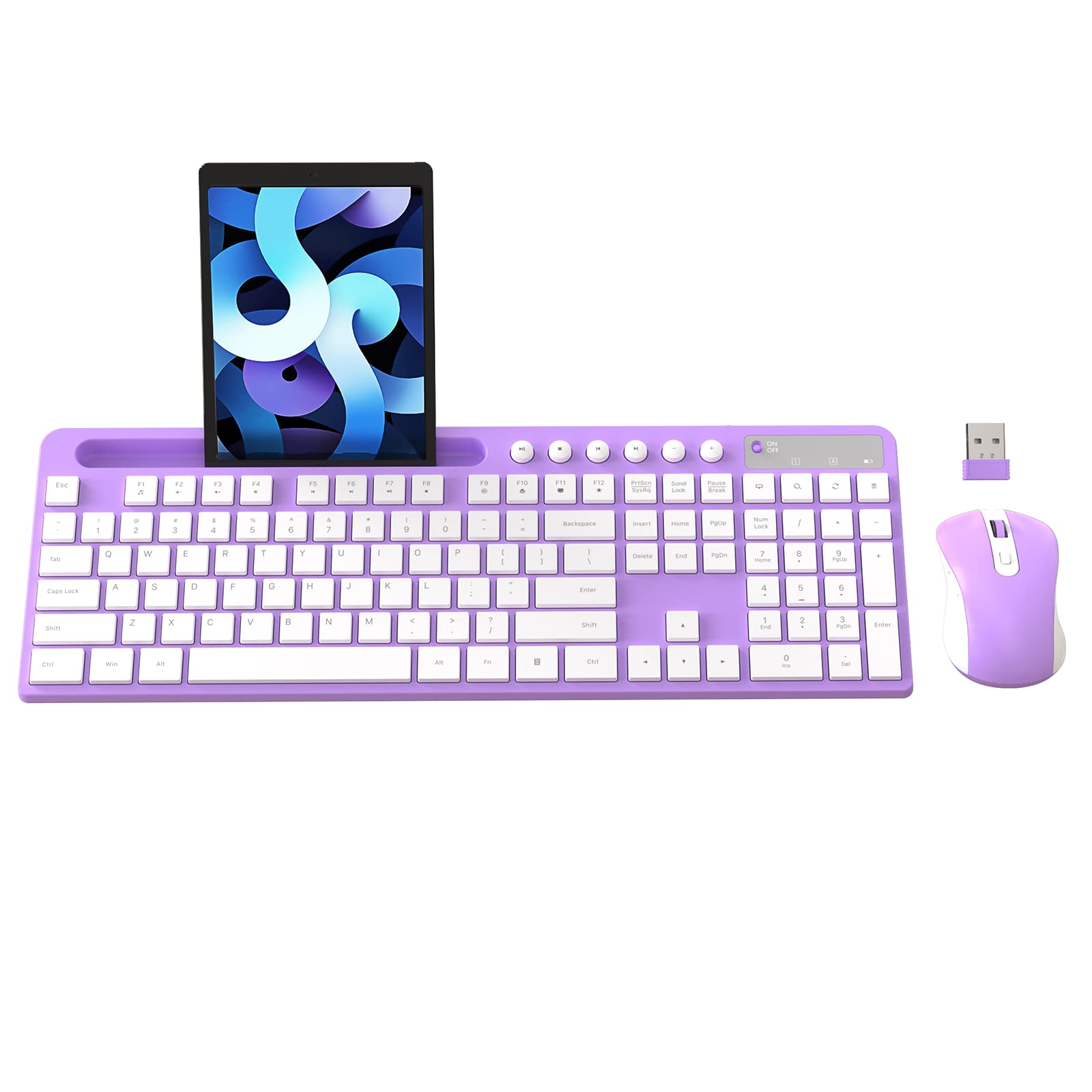 Wireless Keyboard And Mouse Combo, Marvo 2.4G Ergonomic Wireless Computer Keyboard With Phone Tablet Holder, Silent Mouse With 6 Button, Compatible With Macbook, Windows (Purple)