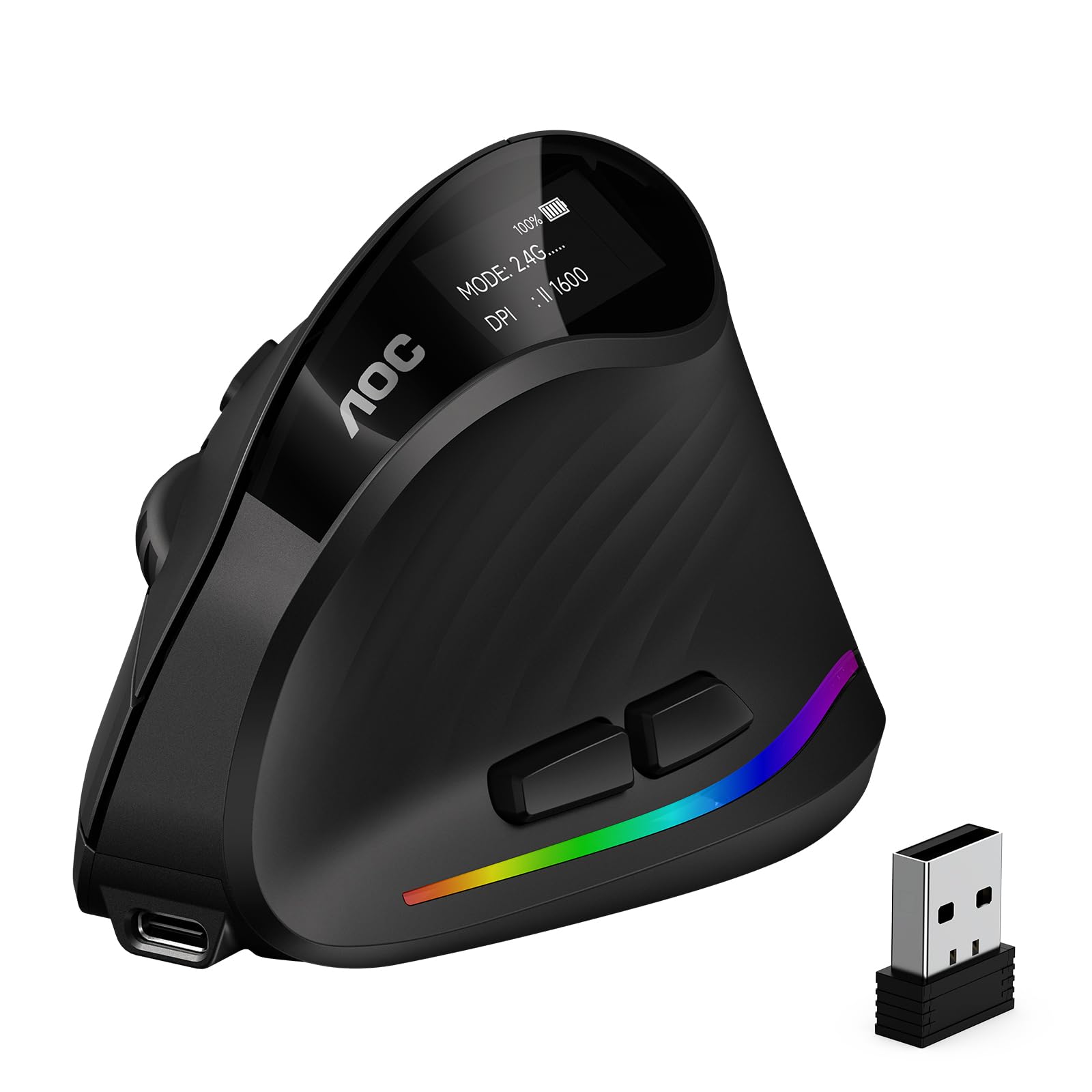 AOC 2.4GHz Wireless Ergonomic Vertical Mouse, Bluetooth, Rechargeable,Black