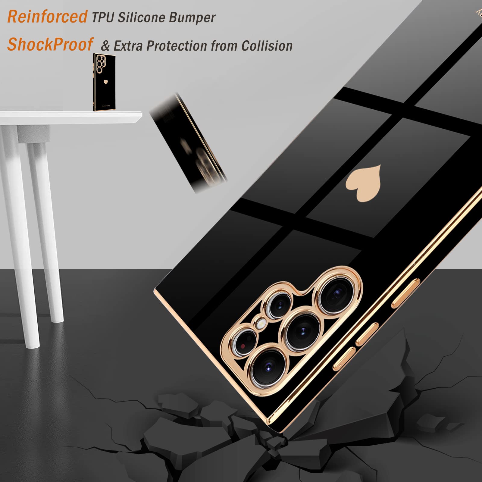 Teageo Galaxy S22 Ultra 5G Case   Cute Love Heart, Luxury Bling, Soft Silicone Bumper, Camera Protection, Black