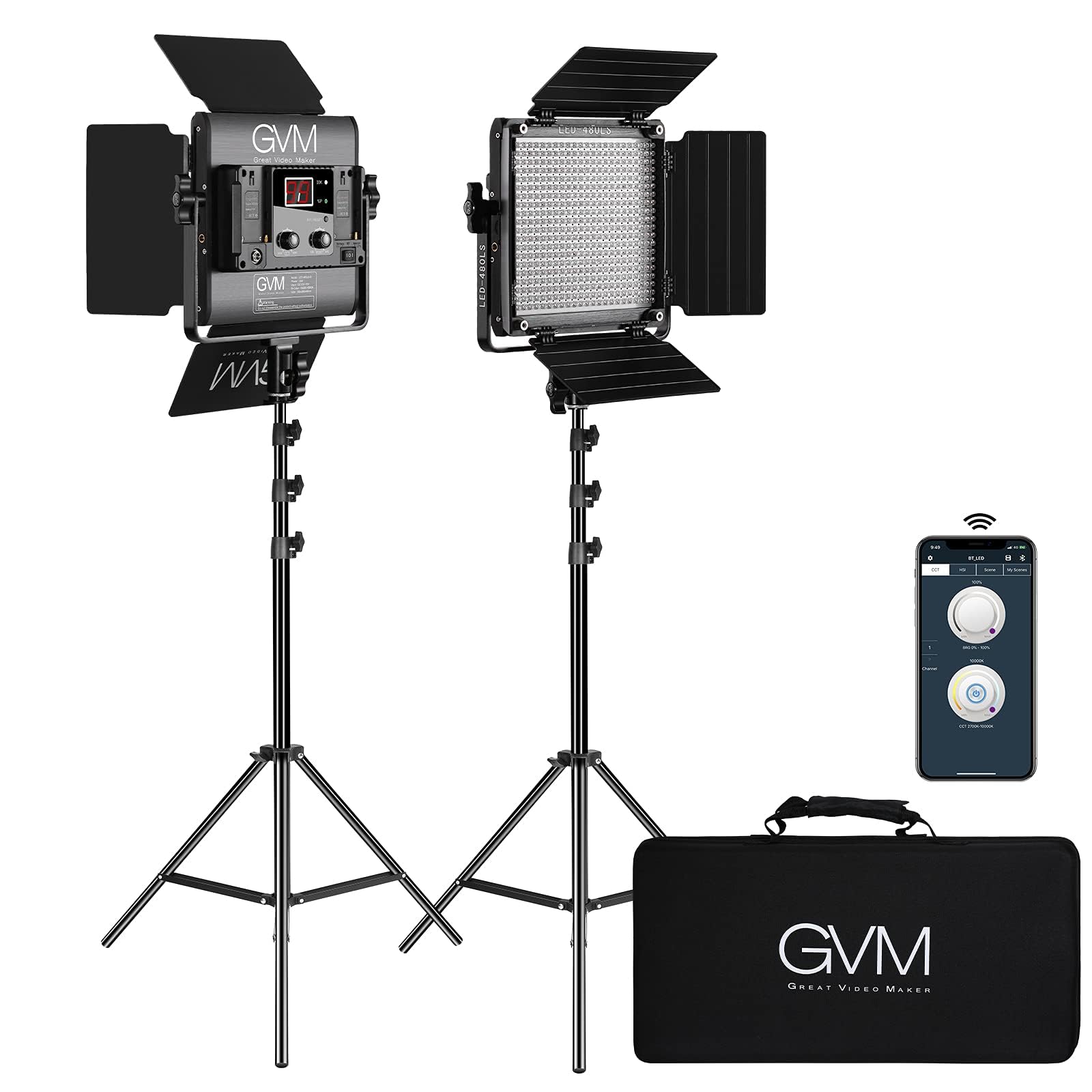 Gvm 2 Pack Led Video Lighting Kits With App Control, Bi Color Variable 2300K~6800K With Digital Display Brightness Of 10~100% Fo