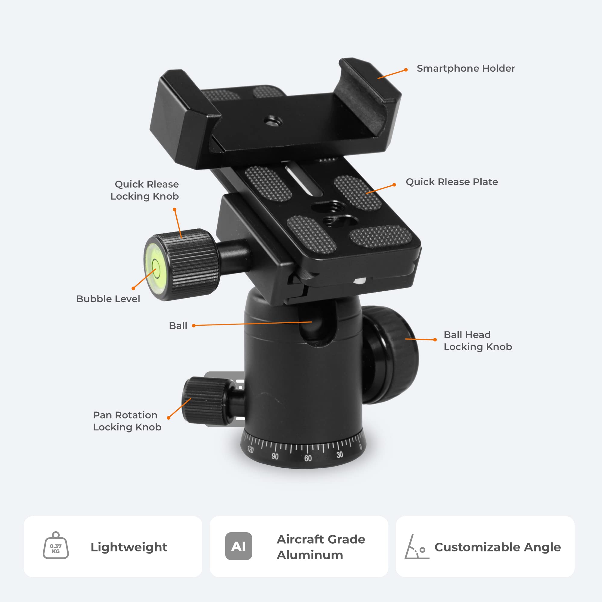 Foldio360 Smartdome Mount Kit | Universal Tripod Ballhead | Aircraft Grade Aluminum Ball Head