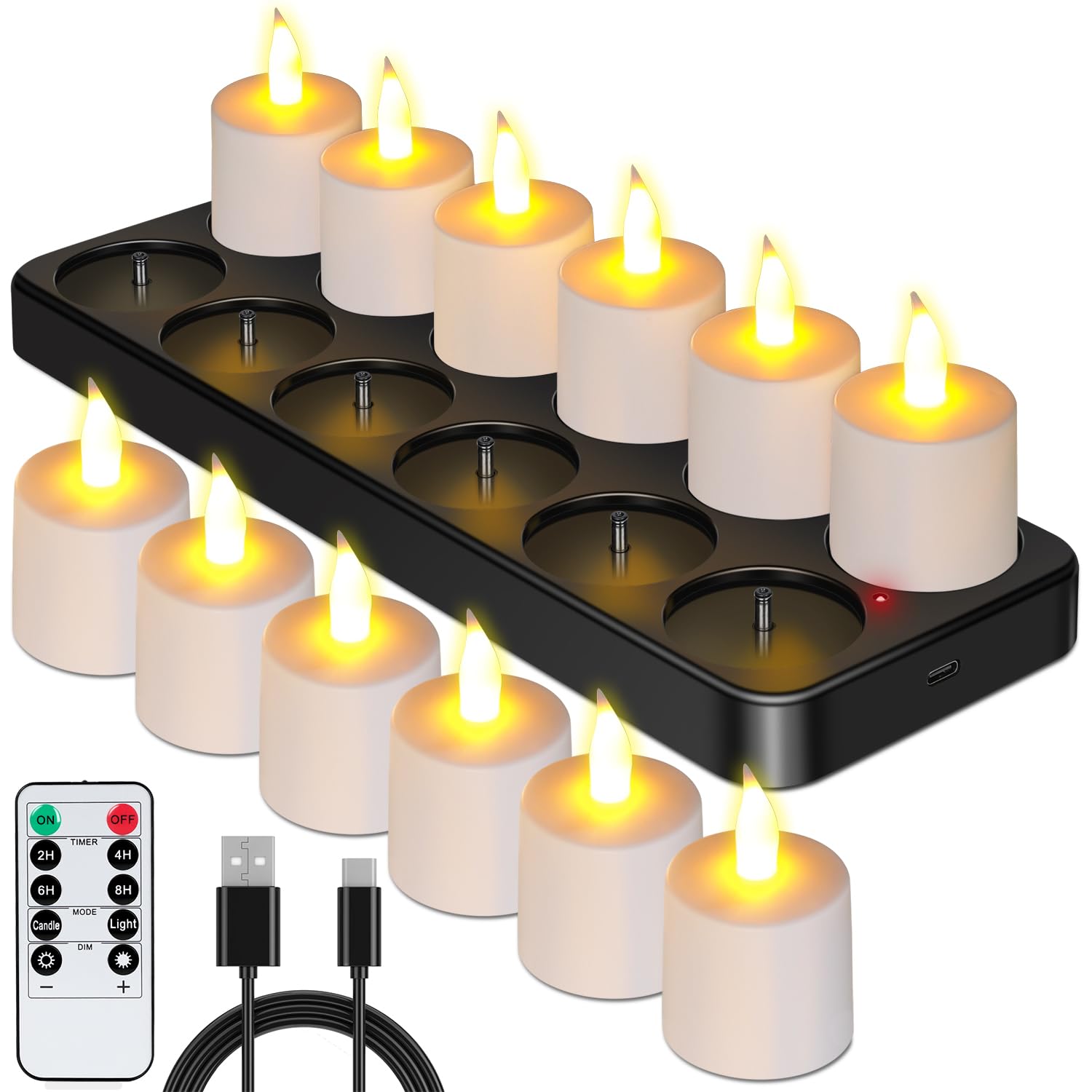 Esup Rechargeable Tea Lights Candles 12pcs Flameless Flickering Candles with Remote Control Timer & Charging Base, Decoration Pa
