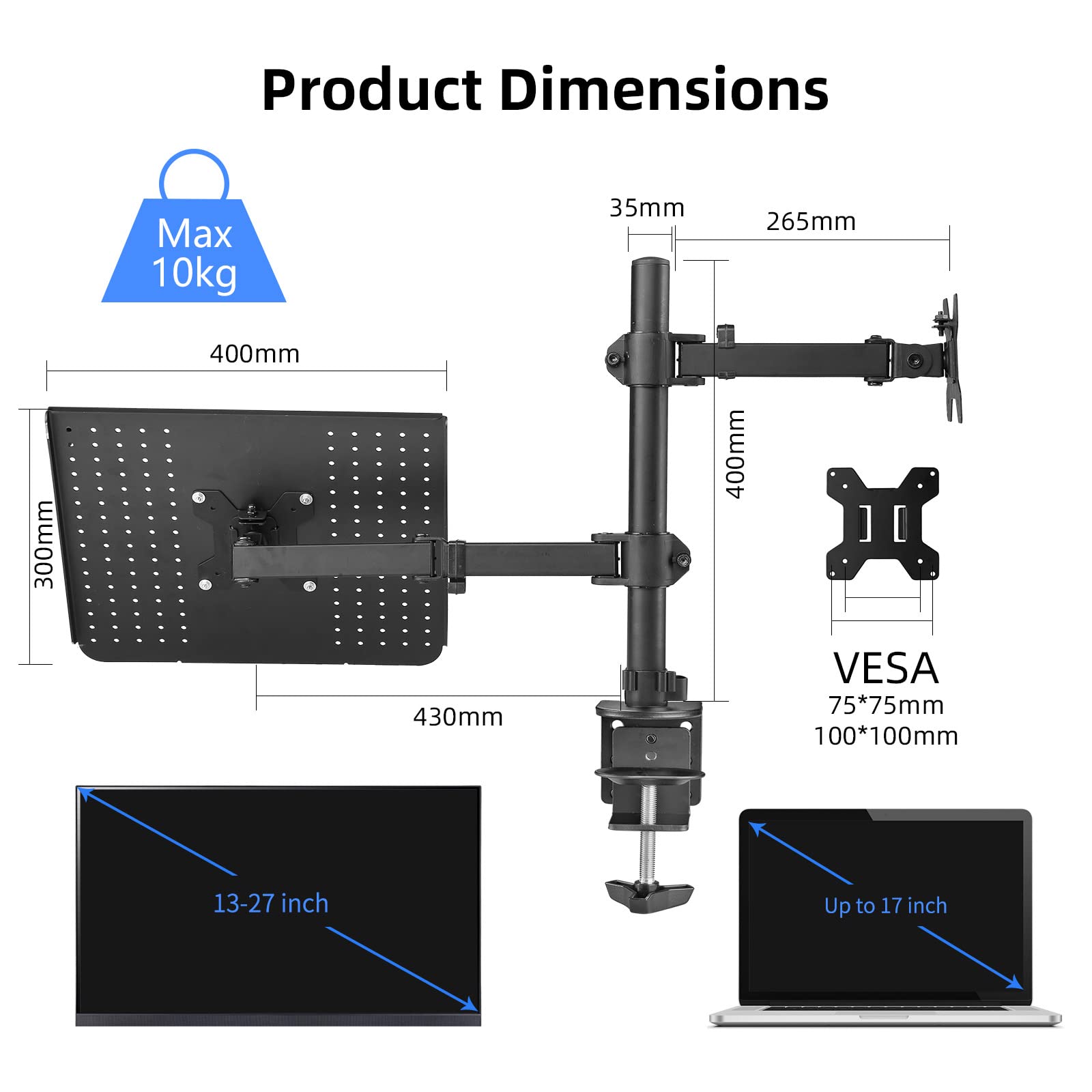Suptek Monitor And Laptop Mount,Adjustable Monitor Arm Stand With Laptop Tray For 13 27 Inch,Hold 22 Lbs, With Clamp And Grommet