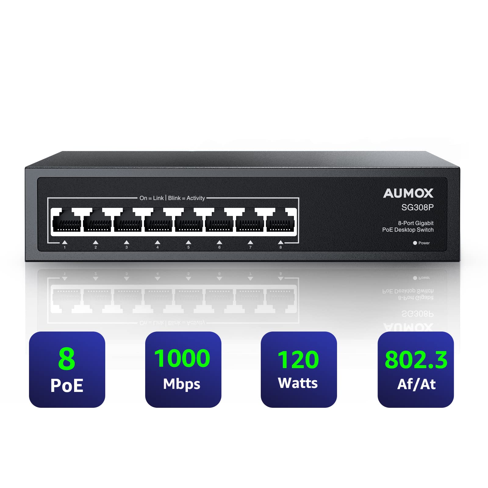 Aumox 8 Port Gigabit Poe Switch, 8 Port Poe 120W, Gigabit Ethernet Unmanaged Network Switch, Plug And Play, Sturdy Metal Housing