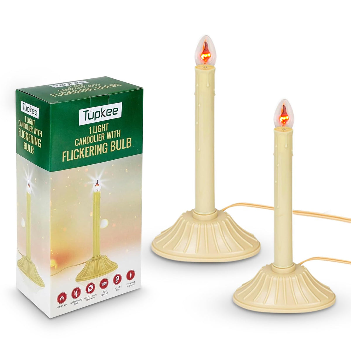 Tupkee Christmas Candolier Window Candle - With Flickering Bulb - Single Indoor -Flameless Electric Window Candle Candelabra - 2