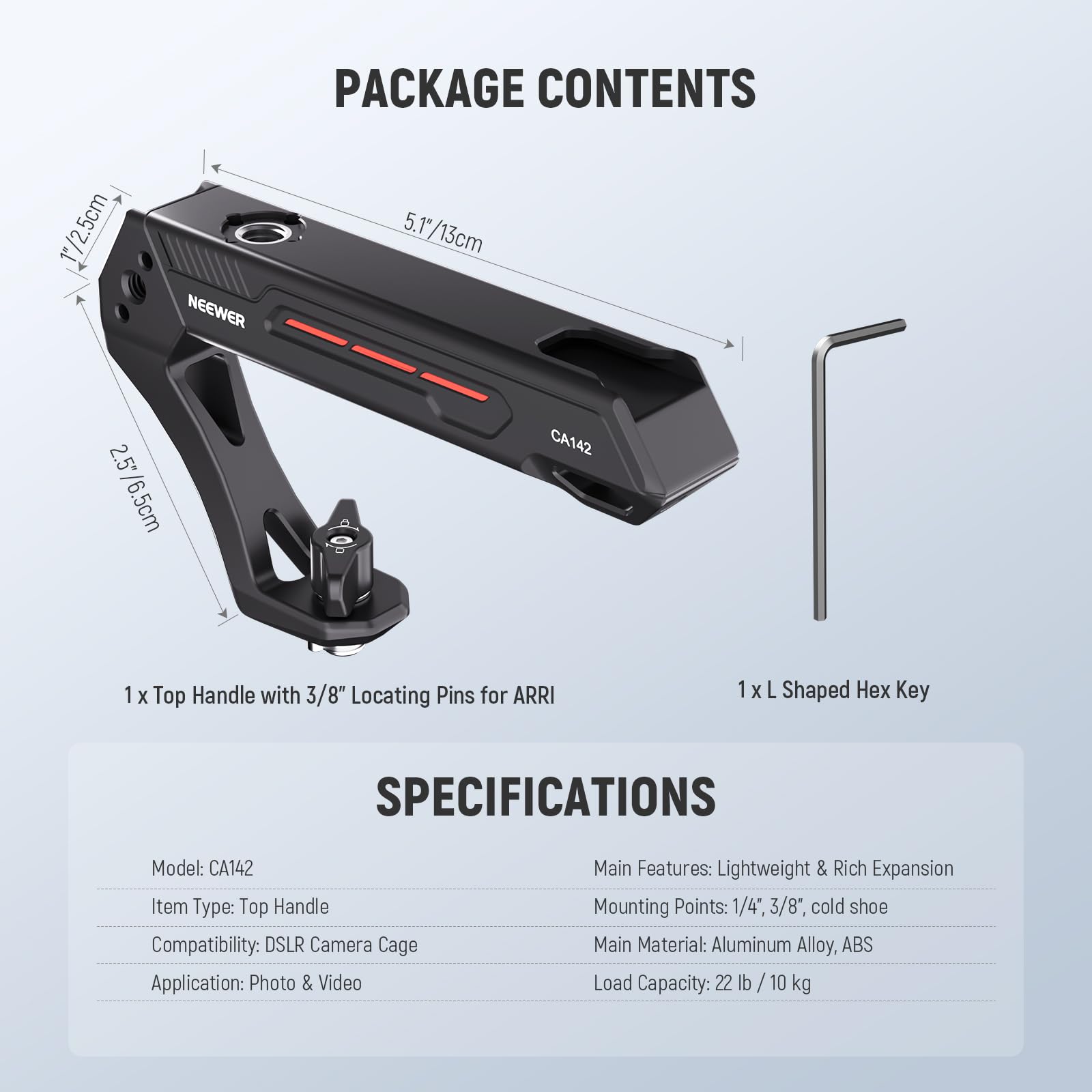 Neewer Basic Lightweight Camera Top Handle With 3/8 Locating Pin For Arri, High Strength Cage Plastic Handle Grip W/ 1/4 3/8 Scr