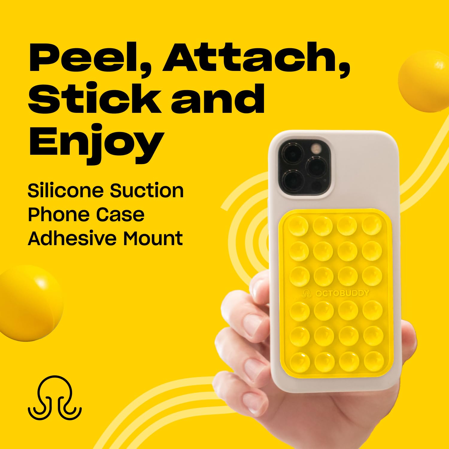 Octobuddy Classic Max - Silicone Suction Phone Case Adhesive Mount - Hands-Free, Strong Grip Holder For Selfies And Videos - Iph