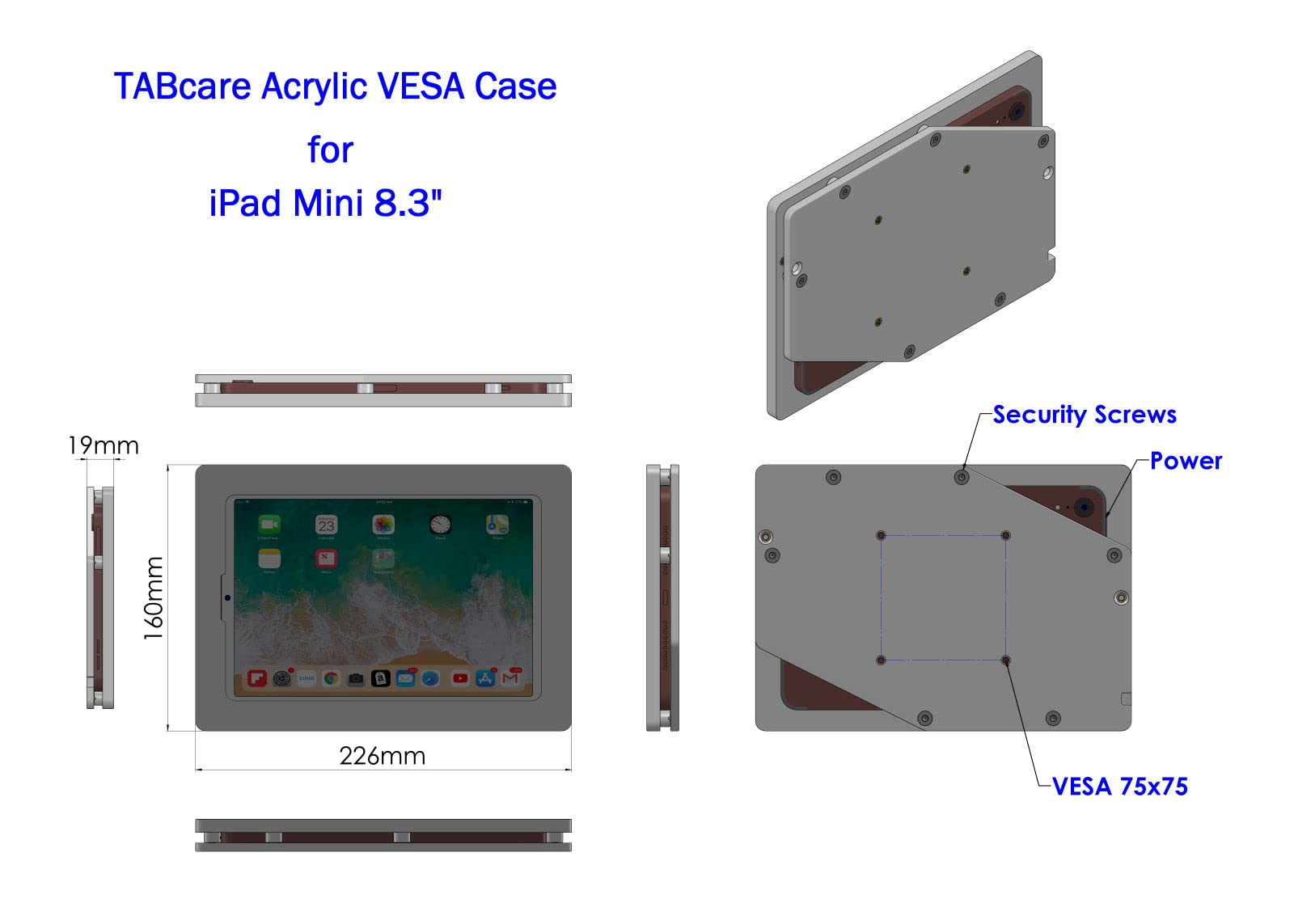 Tabcare Anti Theft Acrylic Vesa Enclosure For Apple Ipad Mini 6 7 8.3' With Free Wall Mount Kit & 90 Degree Angle Usb C Charge Cable (Ipad Mini 6/7 8.3', White)