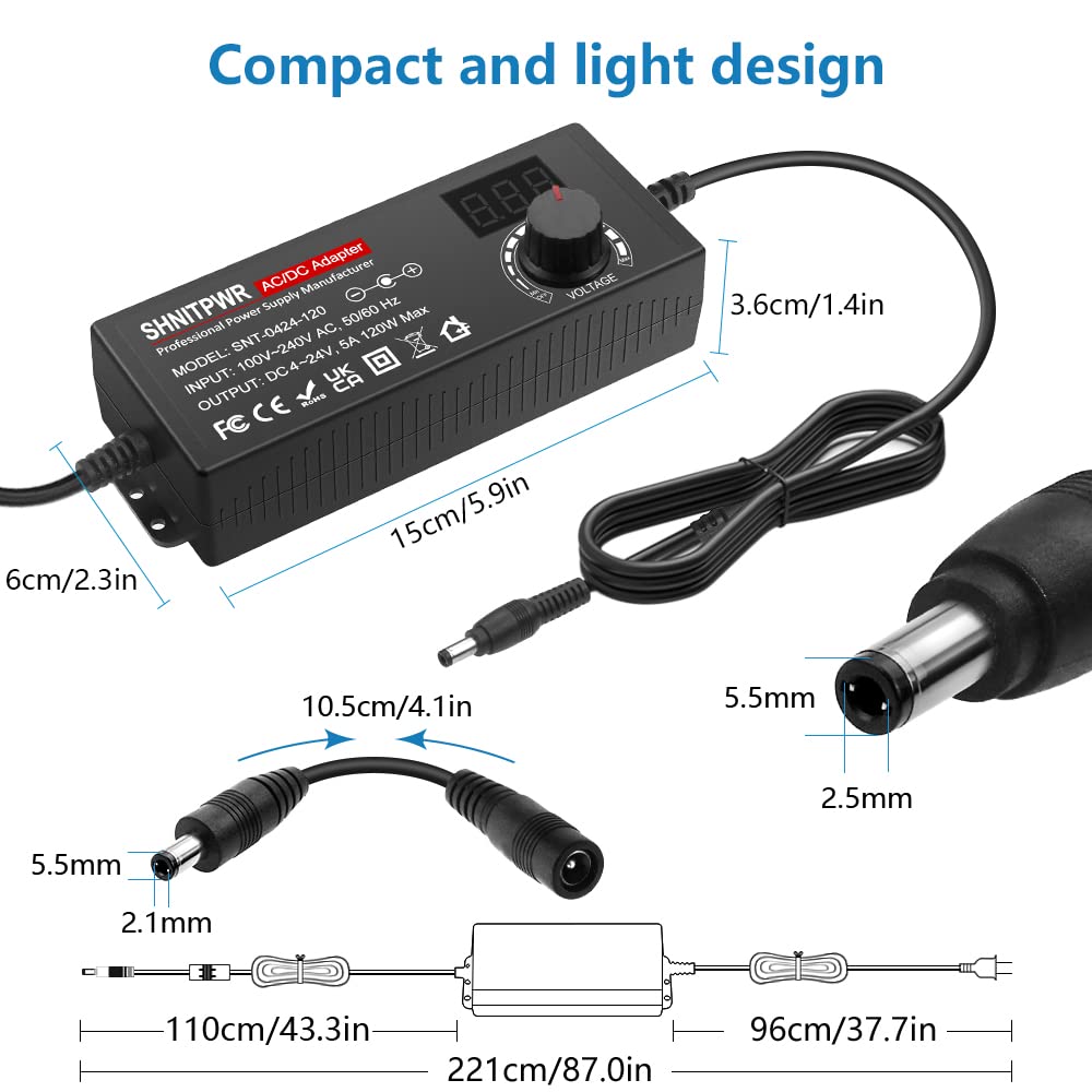 Shnitpwr Ac Adapter 120W Universal Power Adapter 4V 5V 6V 9V 12V 15V 18V 19V 20V 24V Adjustable Switching Power Supply 100V~240V