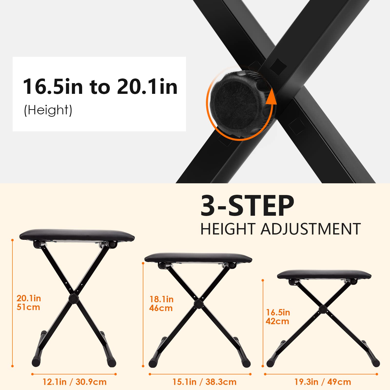 Letsrock Piano Bench, Keyboard Bench X Style Padded Adjustable Portable Stool Collapsible Chair Foldable Seat Waterproof & Non S