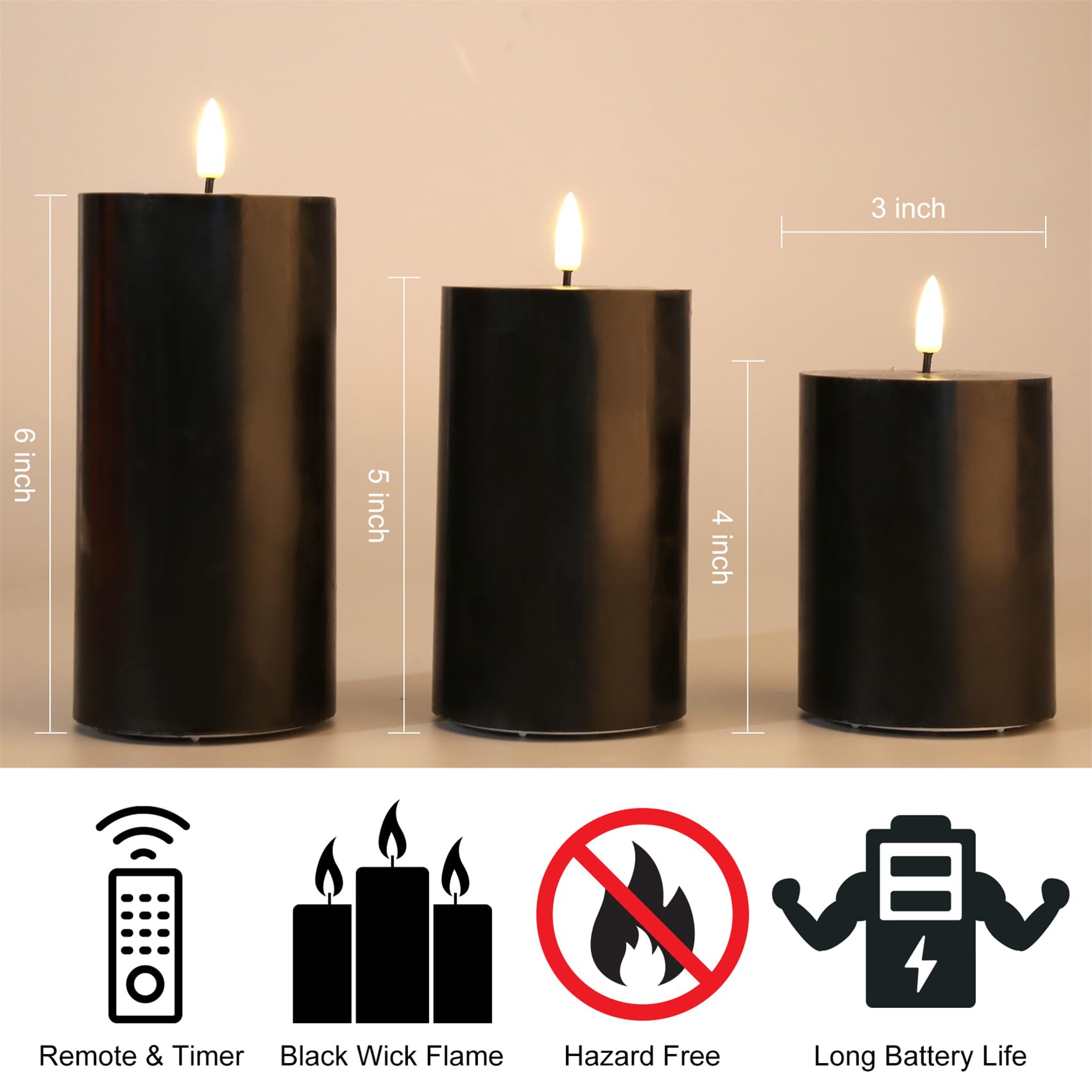 Girimax Black Flat Top Flameless Pillar Candles With Remote, Real Wax Flickering Battery Operated Gothic Led Candles F 3'' H 4''