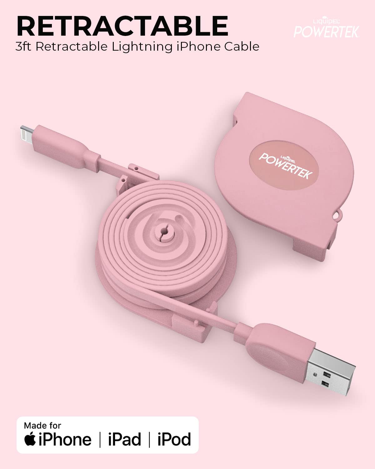 Liquipel Powertek Retractable Mfi Certified Charger Compatible For Apple Iphone, Ipad, 3Ft Cable, Lightning To Usb Cable Cord, Fast Charging Lightning Cable (Pink)
