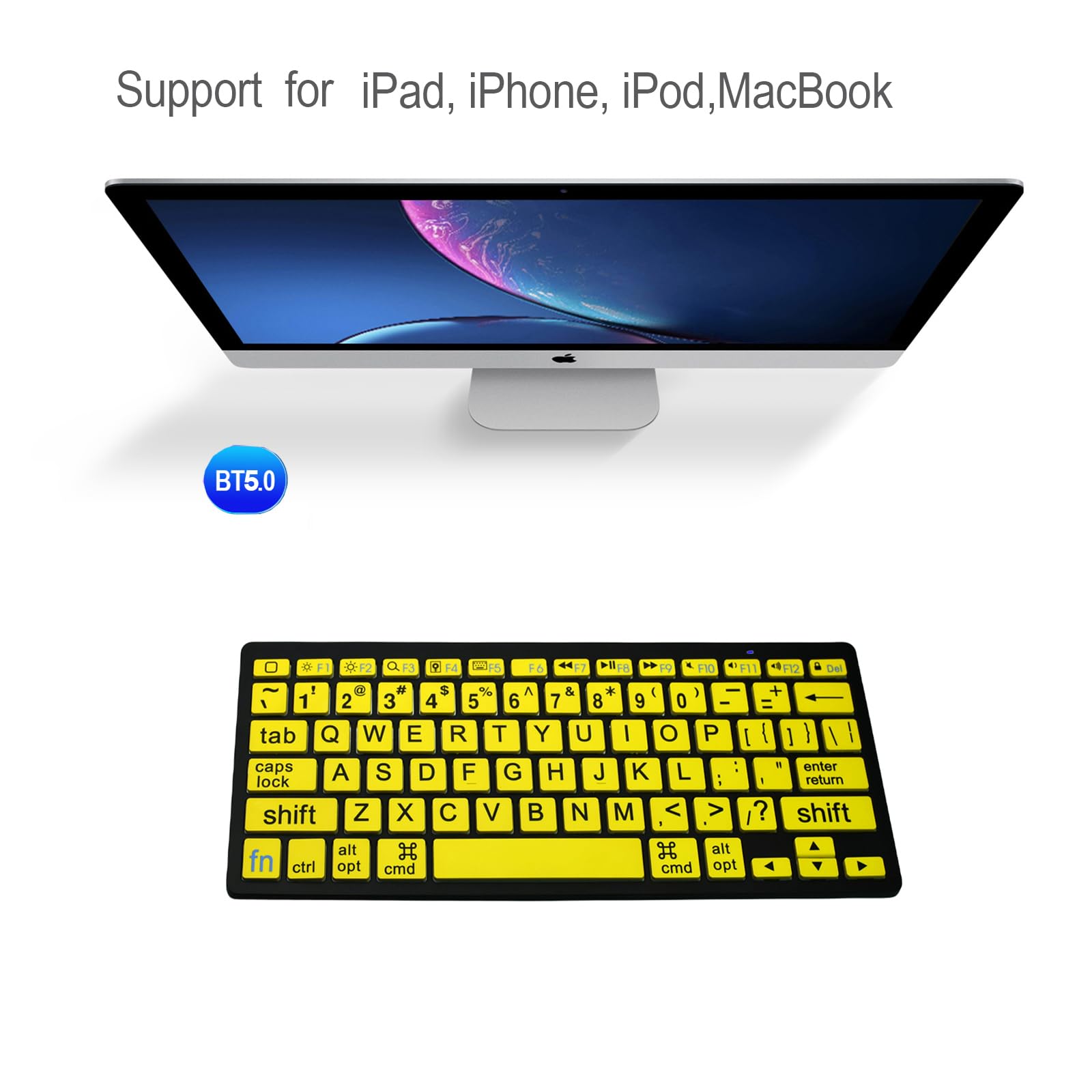 HXMJ Large Print Mini Bluetooth Keyboard for iPad/iPhone - Yellow - E67 Model - Ideal for Seniors and Visually Impaired - Plastic Material