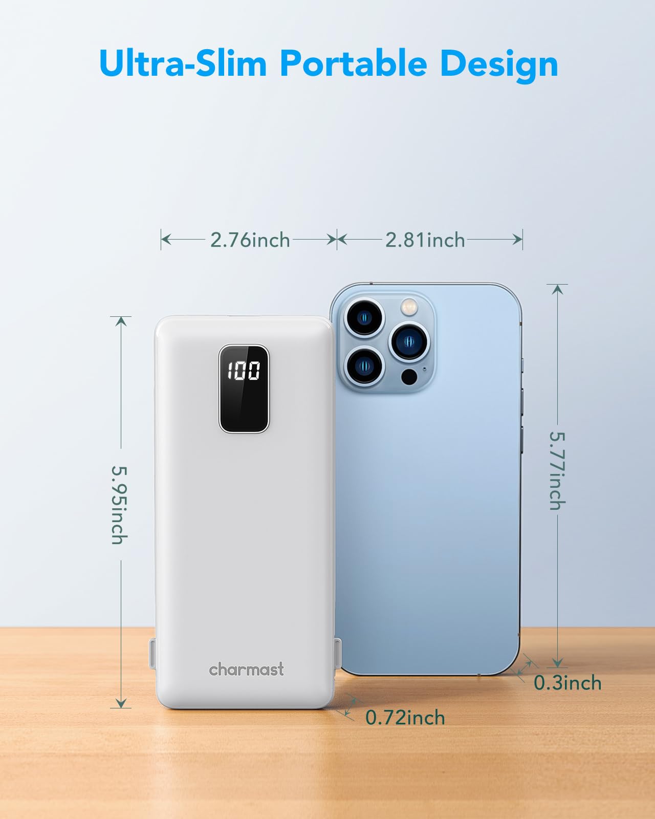 Charmast Portable Charger With Built In Cables And Plug, 10000Mah Usb C Power Bank Fast Charging 15W, External Battery Pack Slim