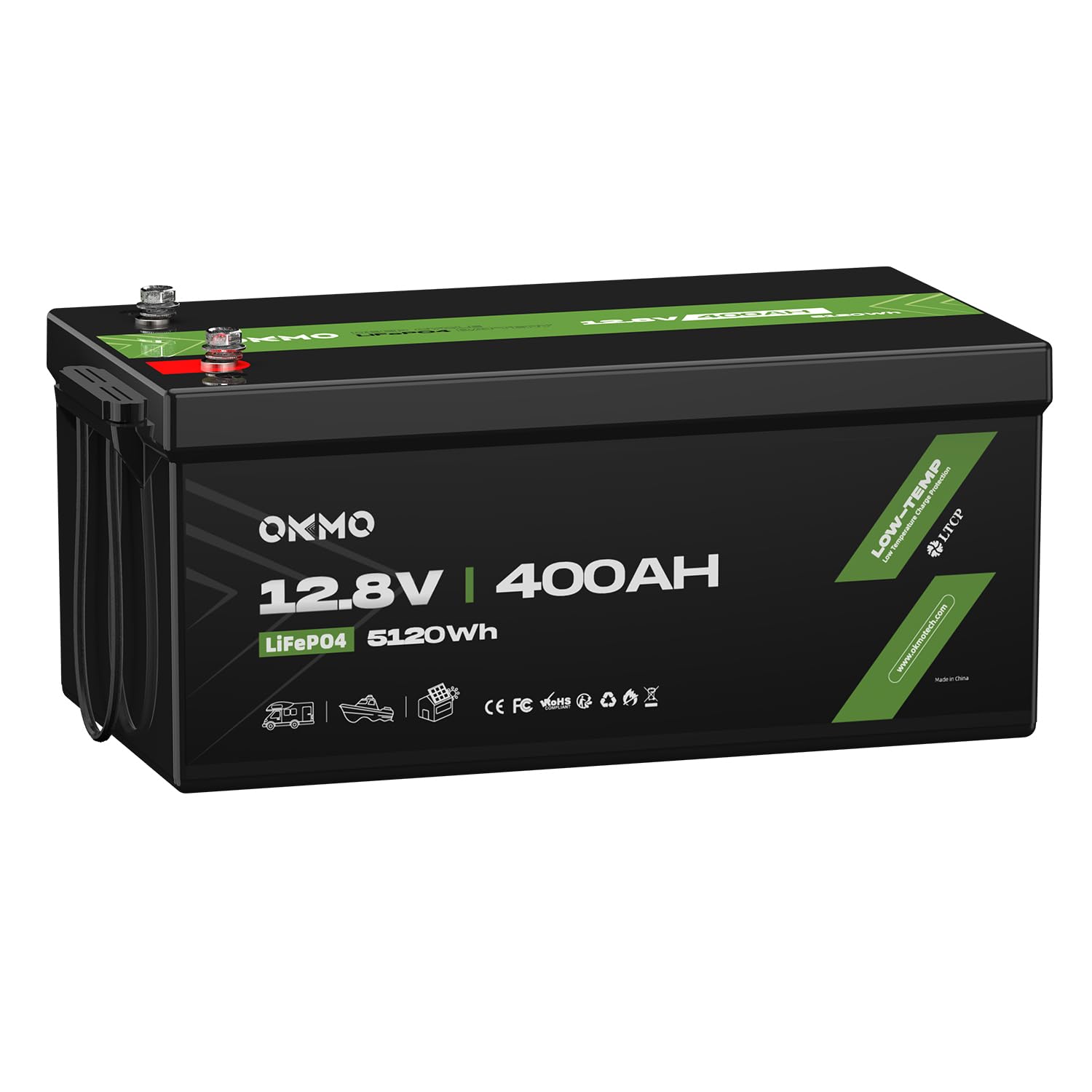 OKMO 12V 400Ah LiFePO4 Lithium Battery 150A BMS 5120Wh for Solar Systerm,RV,Camping,Marine and Home Energy Storage