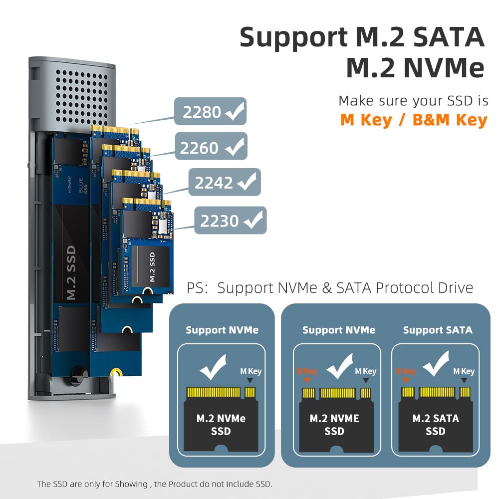Maiwo M.2 Ssd Enclosure 10Gbps For Nvme & Sata,Tool Free Nvme Enclosure Usb C/Usb A, M.2 Enclosure Aluminum With 17.71In Cable, Ssd Enclosure For M2 2230/2242/2260/2280 M Key/(B+M) Key Grey