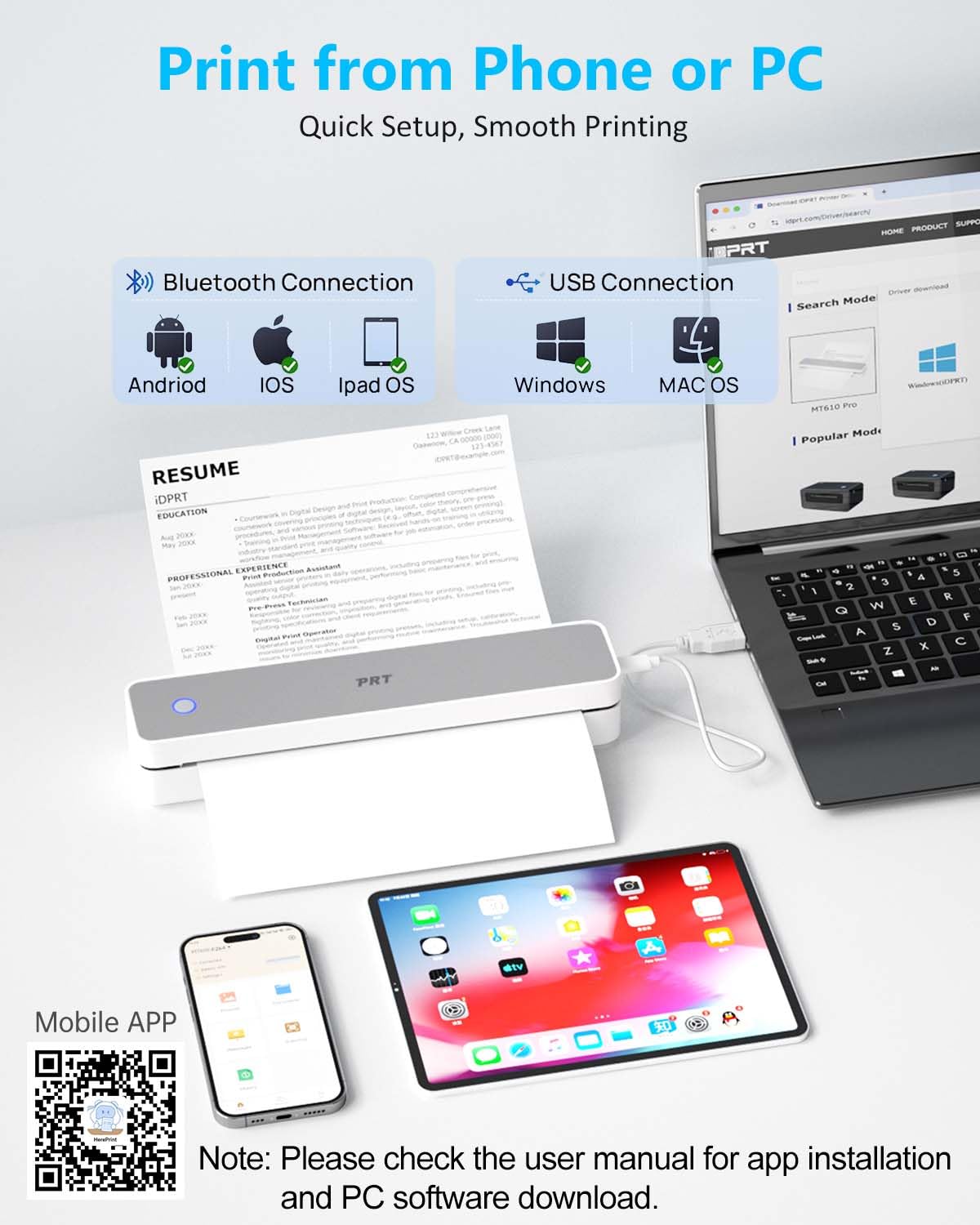 Prt Inkless Portable Printer For Travel, Wireless Thermal Printer Support 8.5 X 11 Inch Us Letter A4 B5, Bluetooth Mobile Printe