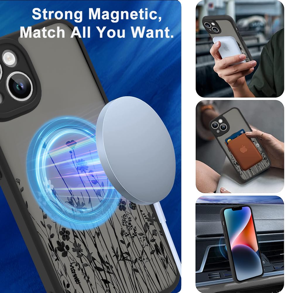 Ook Magnetic For Iphone 14 Plus Case [Compatible With Magsafe] Black Wild Flower Slim Translucent Matte Case For Iphone 14 Plus