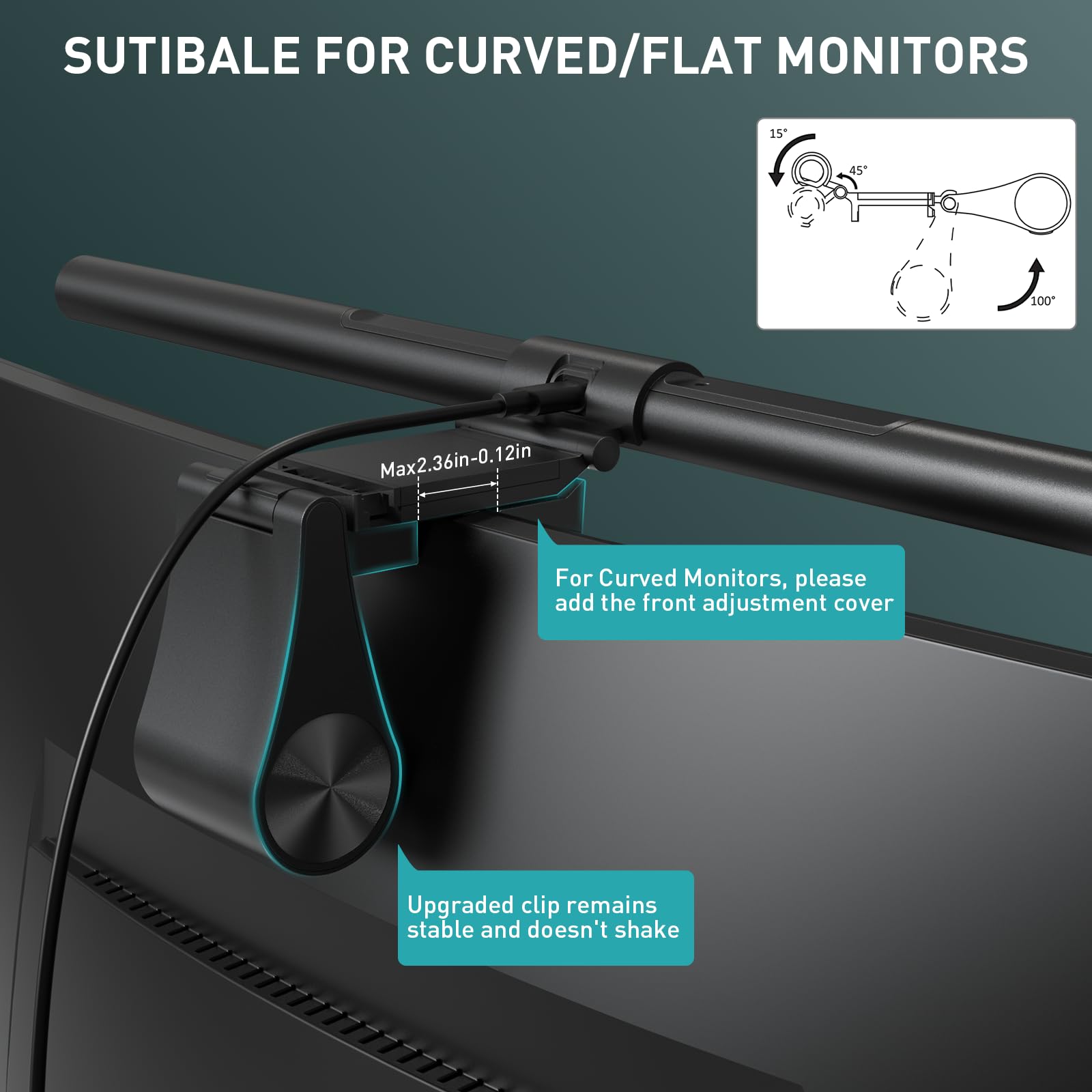 Quntis Monitor Light Bar PRO+ - 20-Inch Dimmable Eye-Care Lamp for Curved/Flat Monitors, Black, Model LI-HY-0208-BK-QU