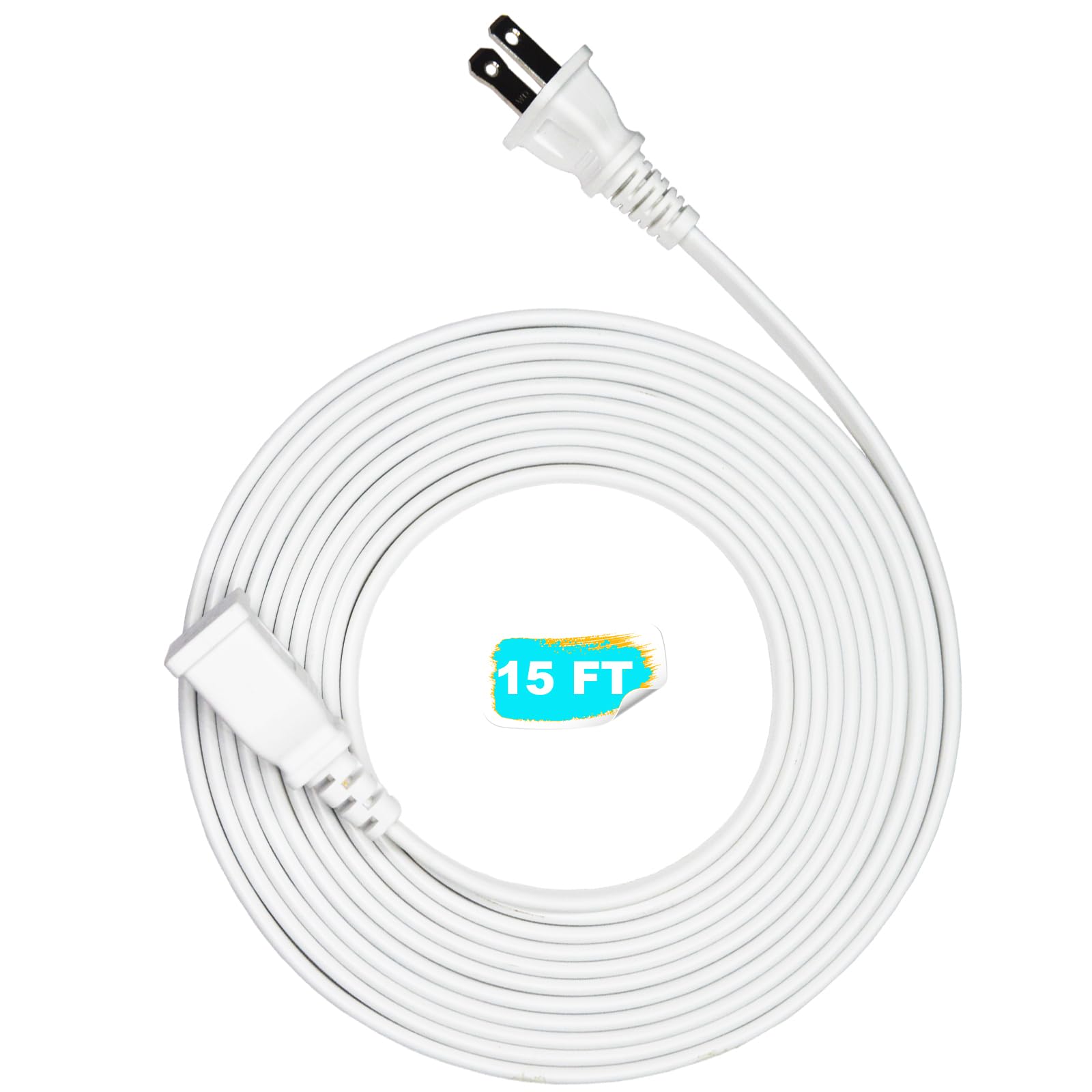 Jplenty White Extension Cord 15 Feet Long Extension Cord 2 Prong For Indoor/Outdoor Use With Single Plug Ideal For Holiday Light