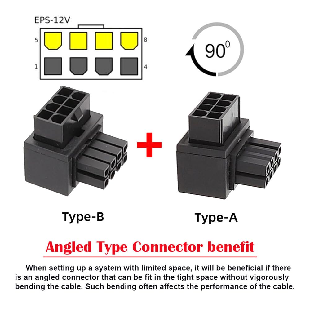 Cablecc 2Pcs/Lot 90 Degree Up Down Angled Atx 8P Eps Male To Female Power Header Adapter For Cpu 12V