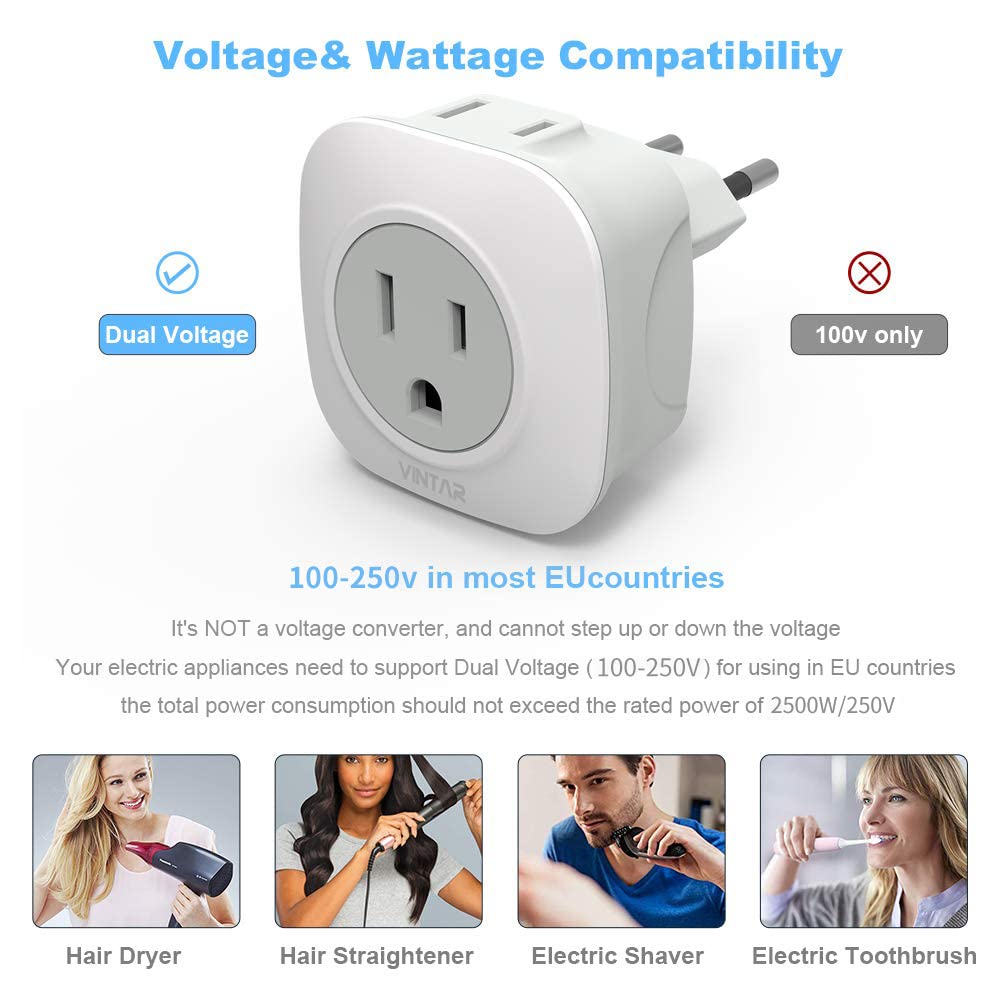 3 Pack European Travel Plug Adapter, Vintar International Power Plug Adapter With 2 American Outlets 2 In 1 Travel Essentials To