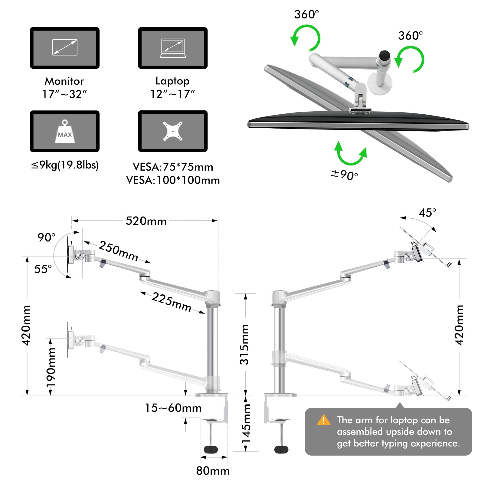 Viozon Monitor and Laptop Mount, 2 in 1 Adjustable Dual Arm Desk Mounts Single Desk Arm Stand/Holder for 17 to 32 Inch LCD Computer Screens, Extra Tray Fits 12 to 17 inch Laptops (Silver)