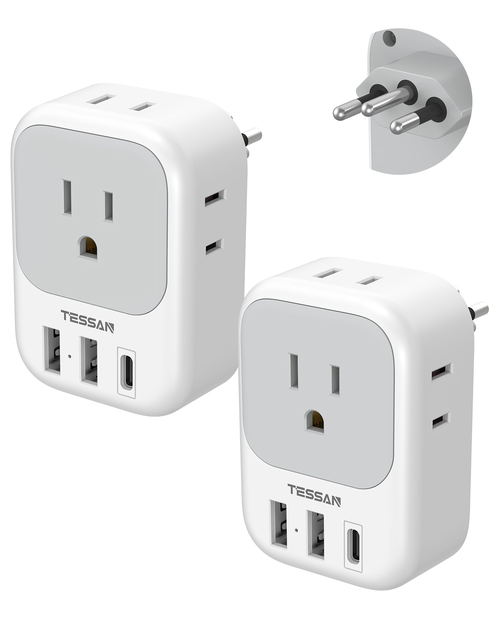 Tessan Brazil Plug Adapter 2 Packs, 7 In 1 Us To Brazil Power Adapter With 3 Usb Ports (1 Usb C Port) 4 American Outlets, Type N