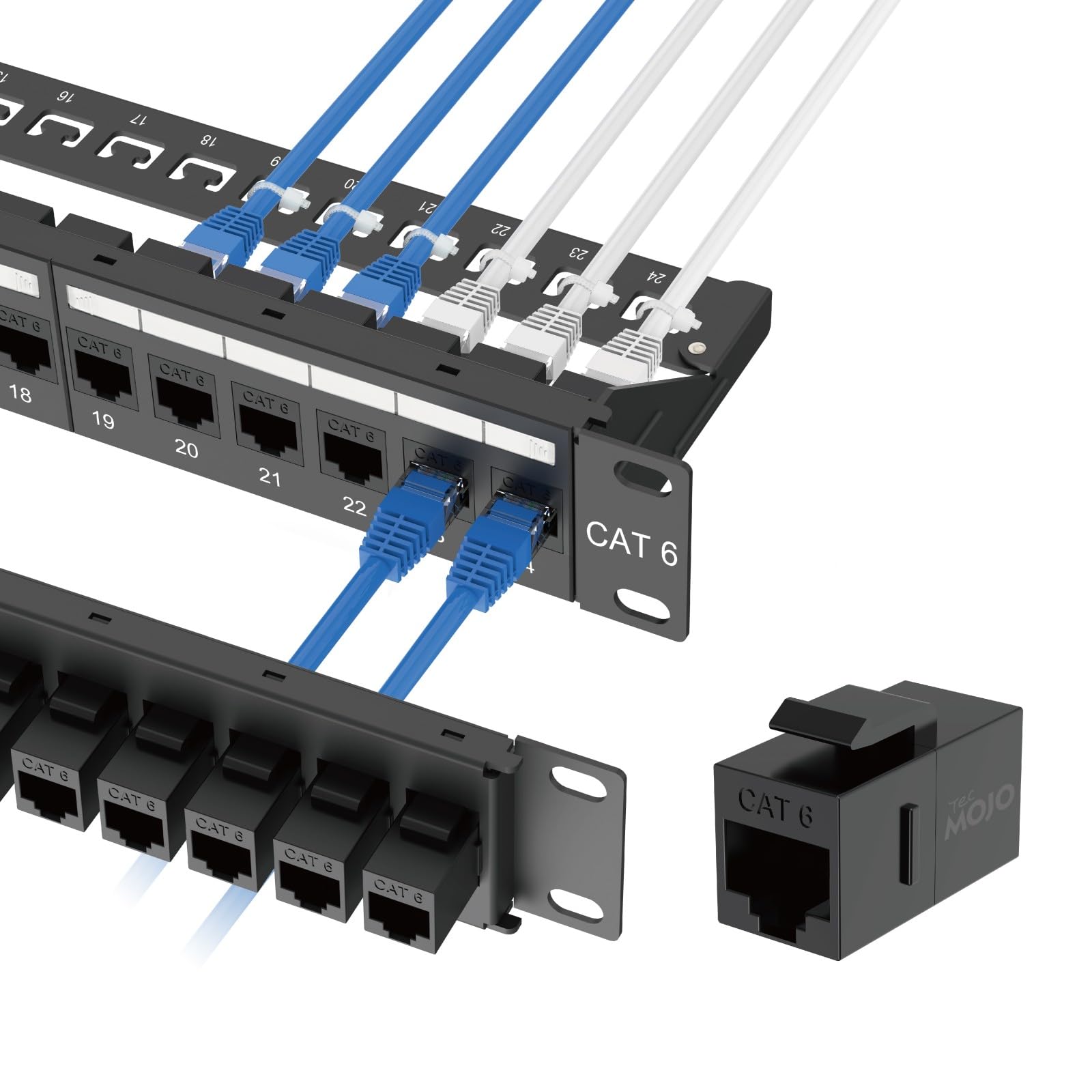Tecmojo UL Listed 24-Port Cat6 UTP Patch Panel with Inline Keystone Couplers, 19-Inch 1U Rack Mount with Removable Back Bar, Net