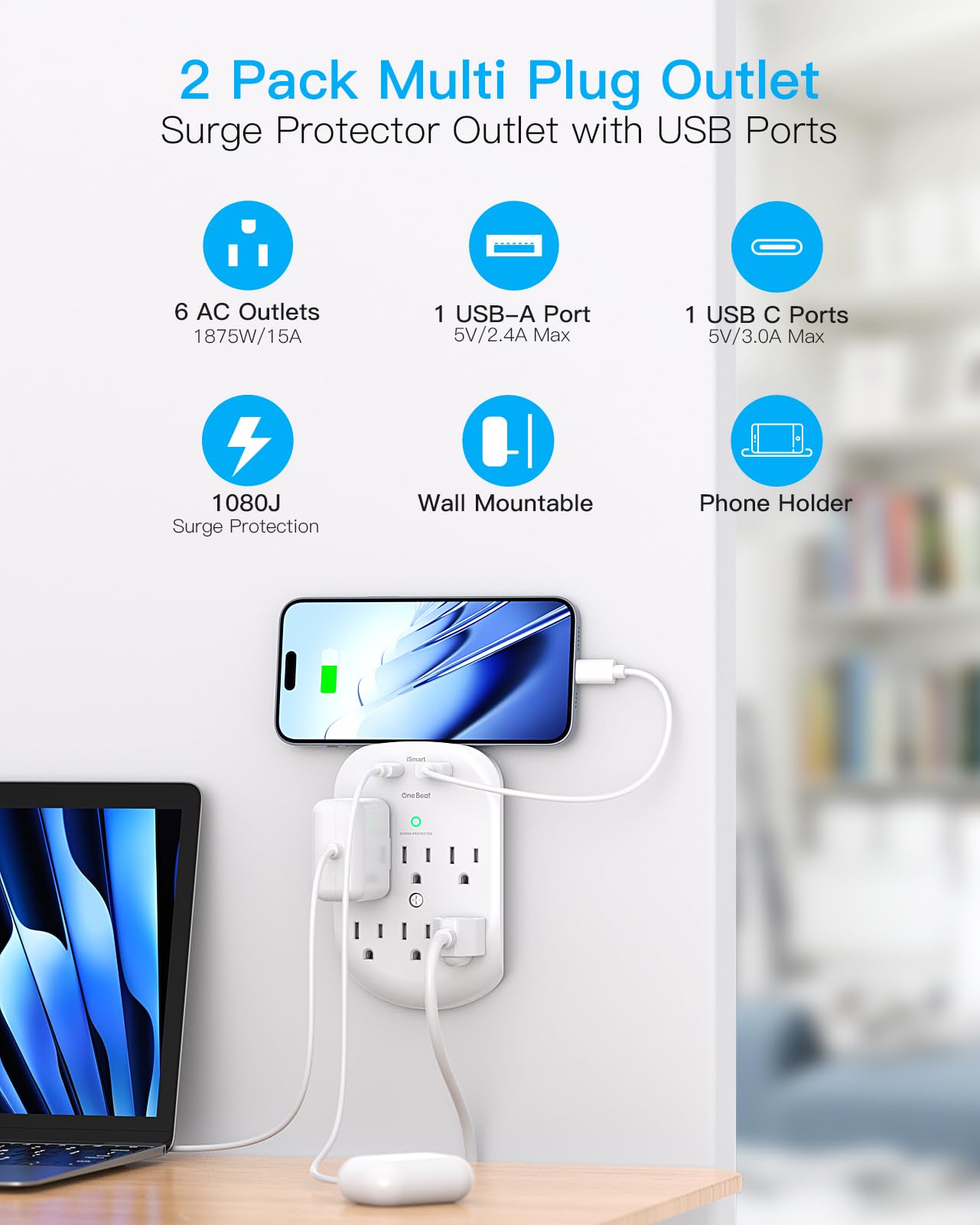 2 Pack Surge Protector Outlet, Multi Plug Outlet Adapter With 6 Wall Outlets 2 Usb Wall Charger (1 Usb C Port), Wall Outlet Exte